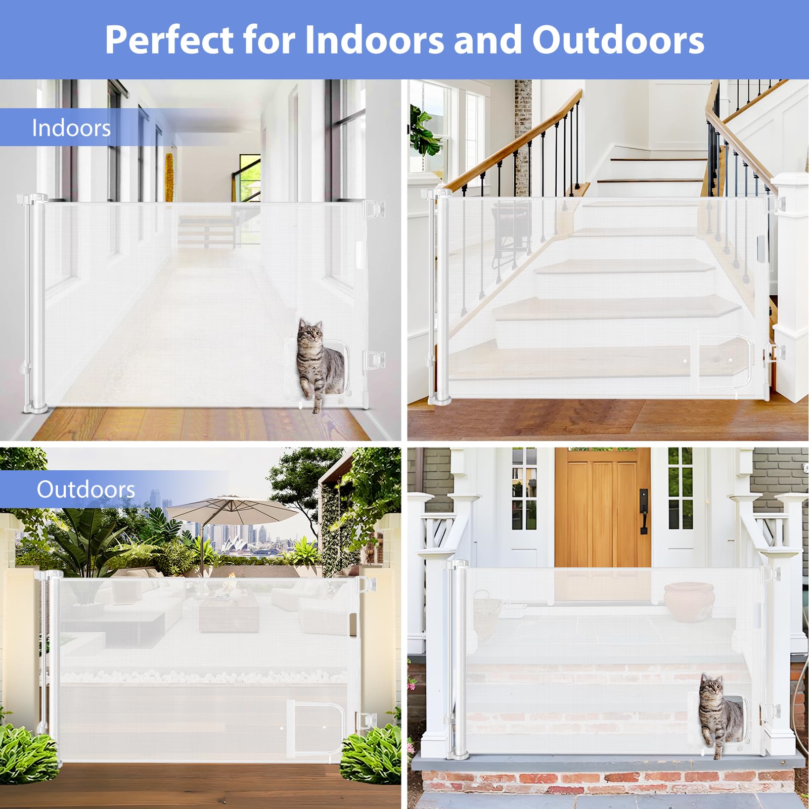 Retractable Baby Gate with Cat Door 55 Wide Retractable Baby Gate for Stairs Mesh Baby Gate with Pet Door Retractable Dog Gate f