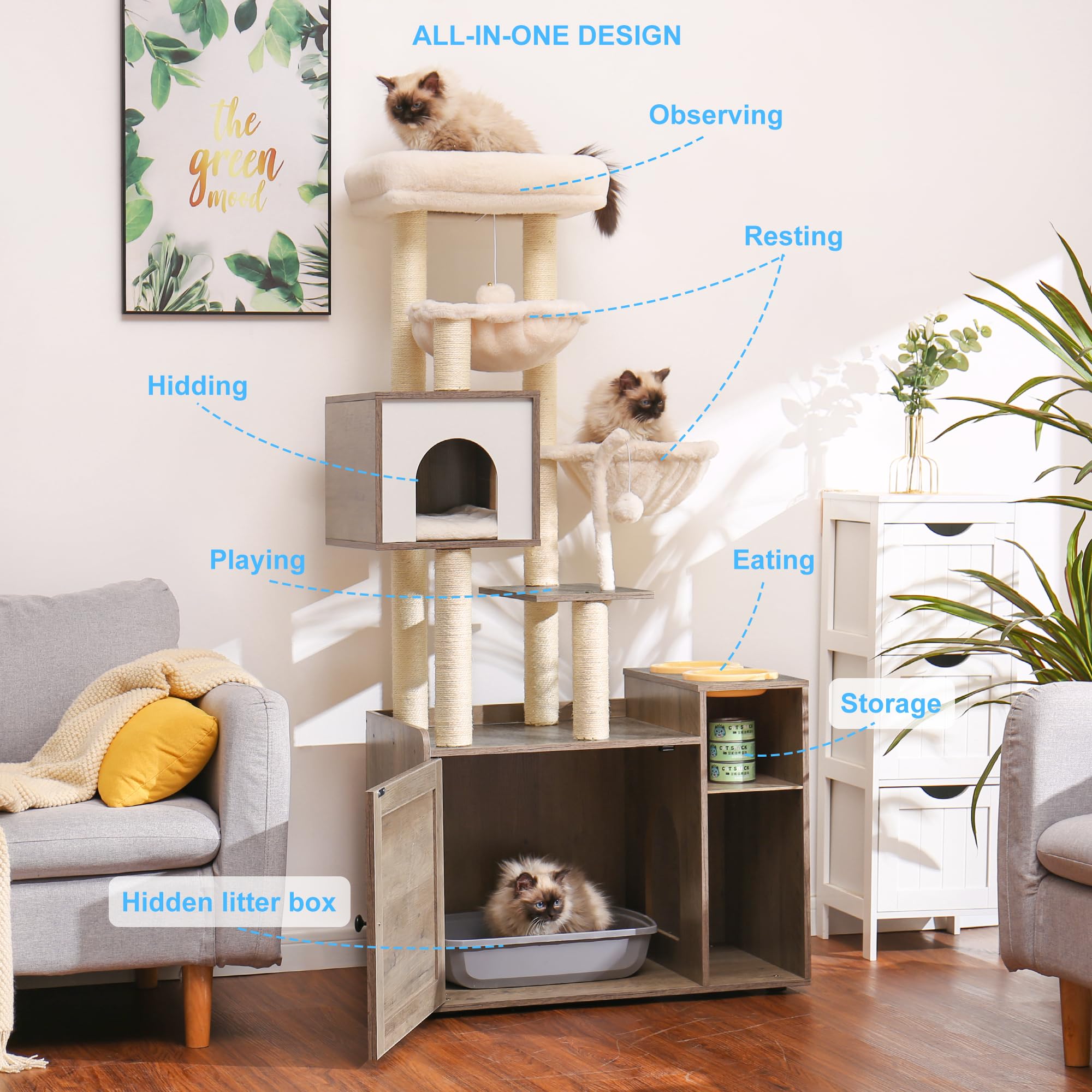 Hey-brother Cat Tree with Litter Box Enclosure, Modern Cat Tower for Indoor Cats with Large Platform, Condo Food Station and 2 H