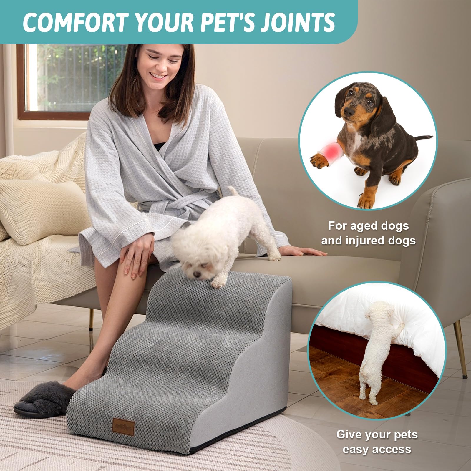 Cozy Kiss Dog Stairs For Small Dogs 15.7'' H, Curved Dog Step For Puppy, Older Cat, Medium Pet Ramp For Sofa, Couch Or Bed, Ladd