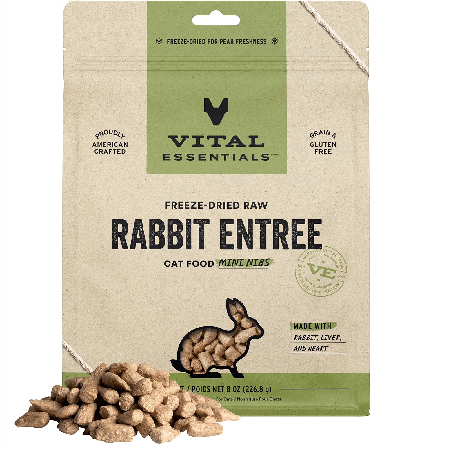 Vital Essentials Freeze Dried Raw Cat Food, Rabbit Mini Nibs Entree, 8 oz