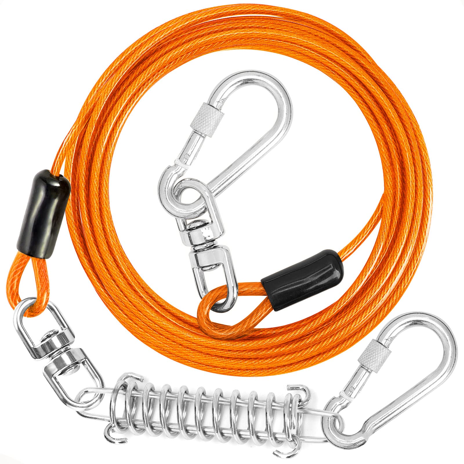 Jenico Dog Tie Out Cable, 10-150FT Runner Cable with Swivel Hook and Shock Spring, Yard & Camping Dog Leash Tether for Small to 