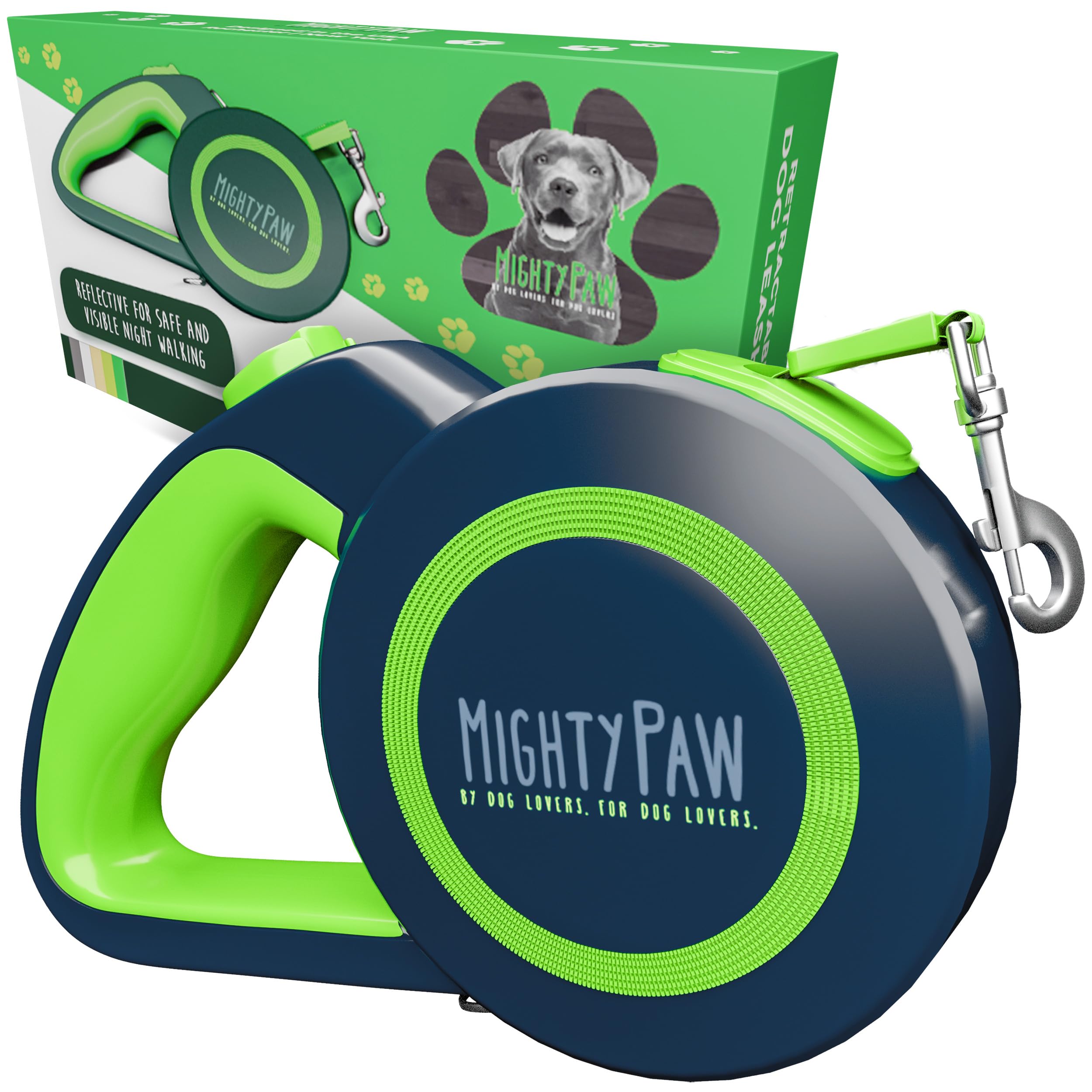 Mighty Paw Retractable Dog Leash 2.0 - Auto-Locking Button For The Control When You Need - Stainless Steel Coil For Smooth Retraction - Super Reflective Ring For Nighttime Visibility - No More Tangle