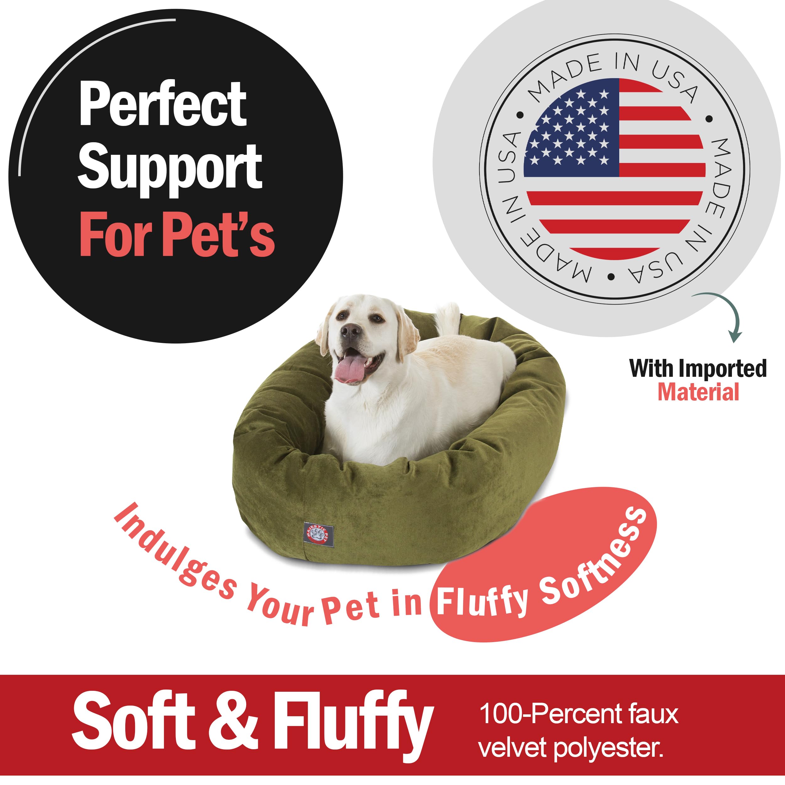 Majestic Pet 40 Inch Micro Velvet Calming Dog Bed Washable – Cozy Soft Round Dog Bed With Spine For Head Support - Fluffy Donut Dog Bed 40X29X9 (Inch) – Round Pet Bed Large – Fern
