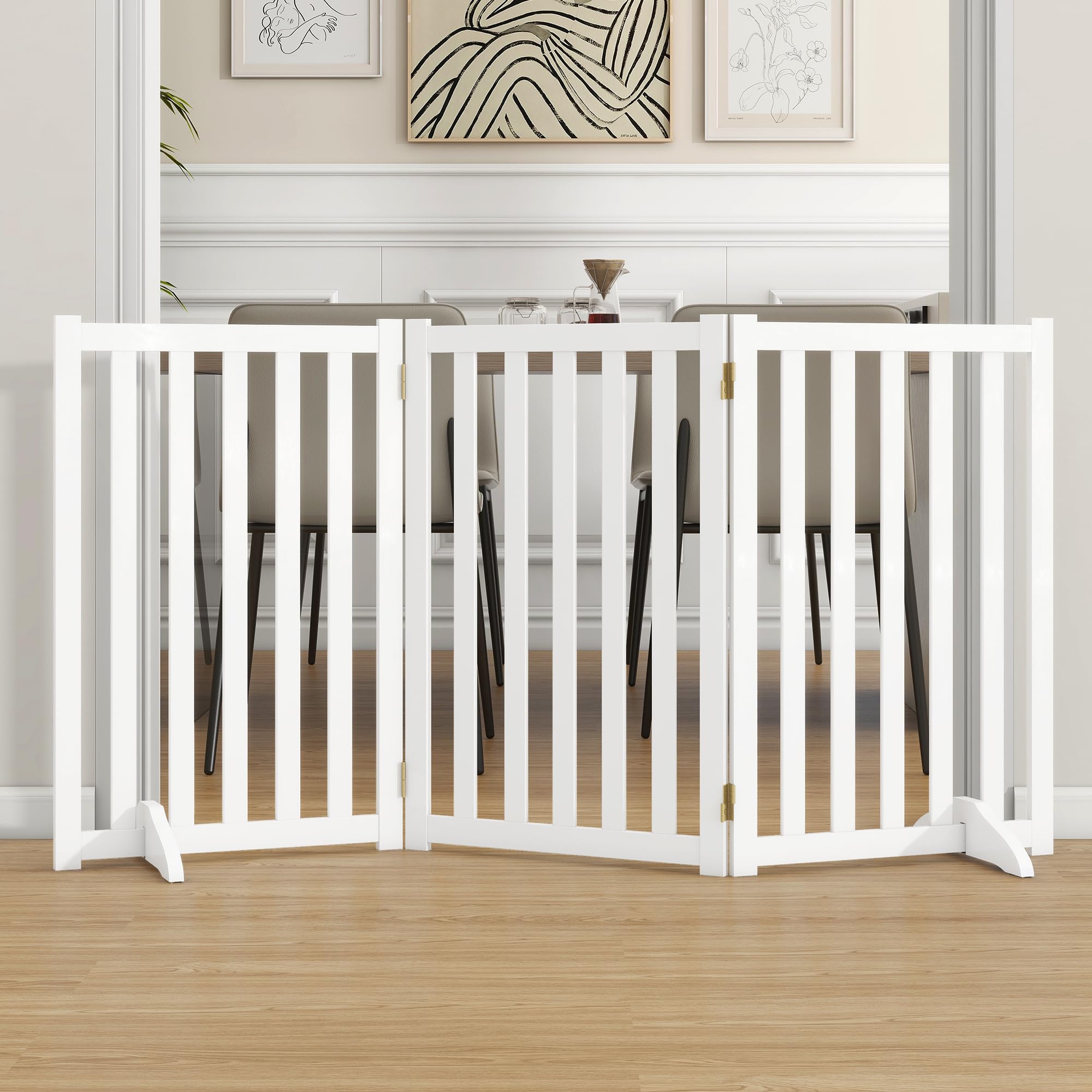 30 Height Tall Freestanding Pet Gate, Solid Wood Folding Safety Fence Wooden Dog Gate with 2 PCs Support Feet Ideal for Stairs, 