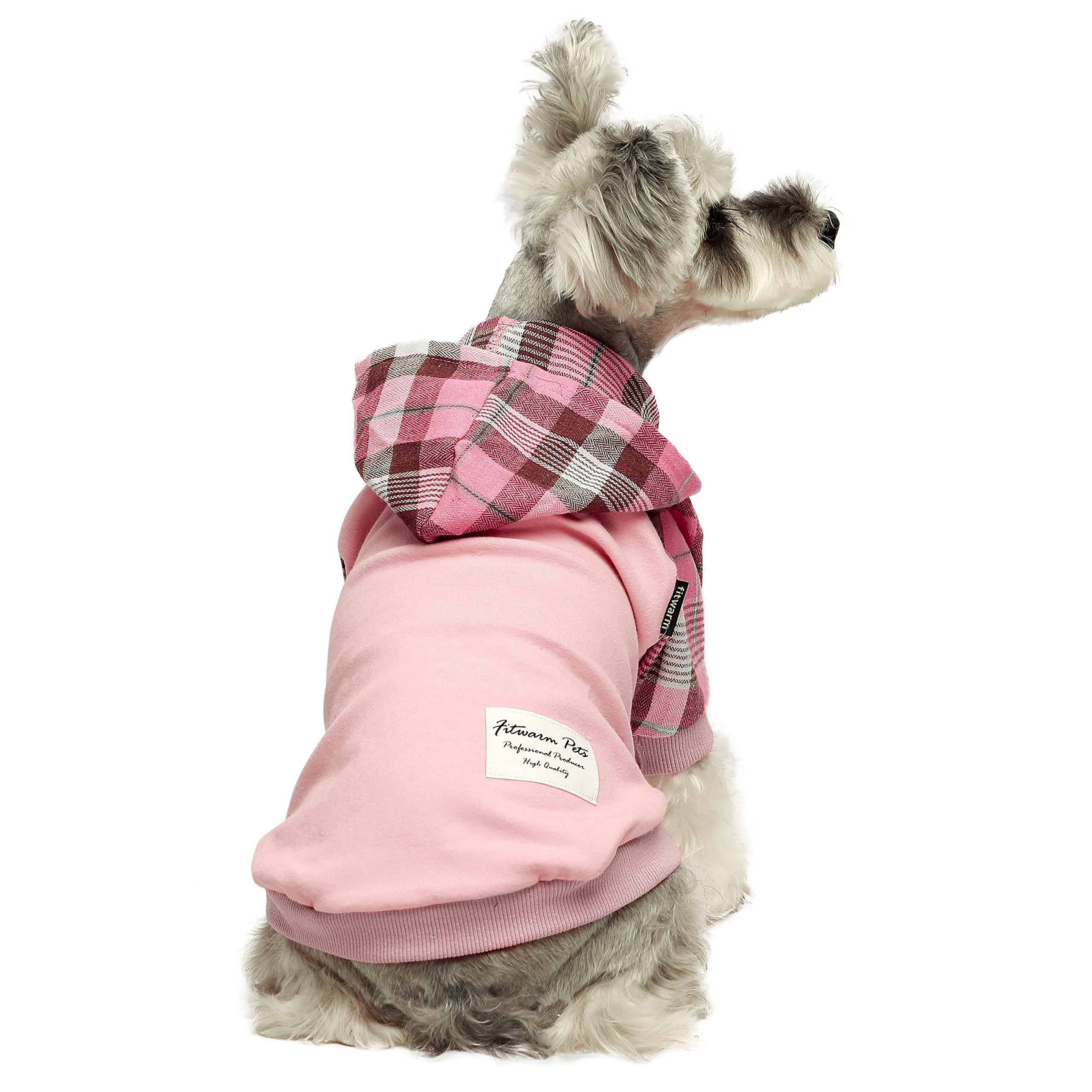 Fitwarm 100% Cotton Girl Plaid Dog Clothes Lightweight Puppy Hoodie Pet Sweatshirt Doggie Hooded Outfits Cat Apparel Pink X-Smal