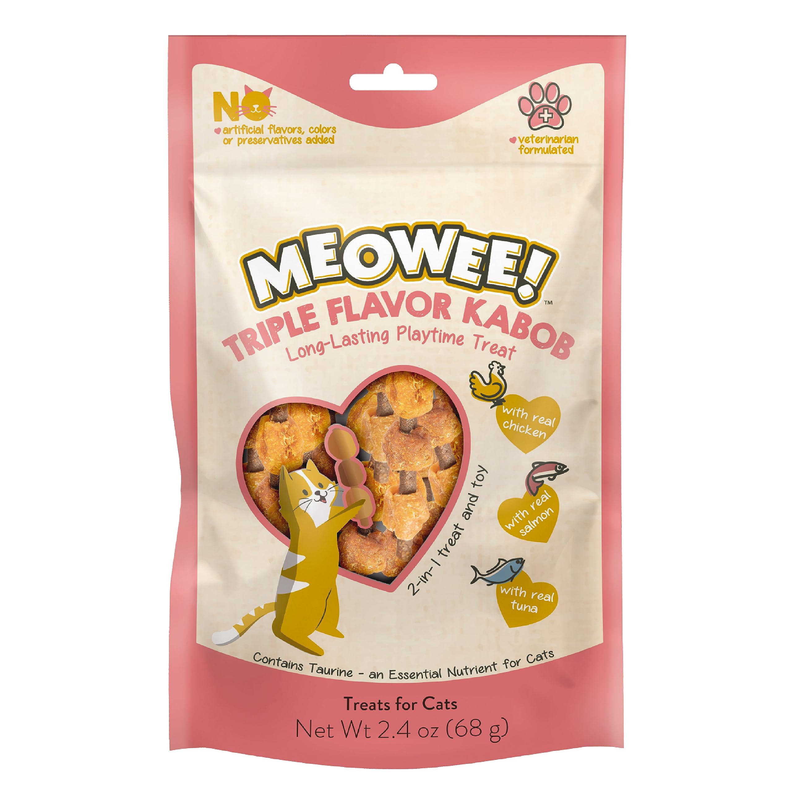 MEOWEE! Triple Flavor Kabobs Cat Treat, 2.4 Ounce Bag, Long-Lasting Playtime Treat for Cats Made with Real Chicken, Salmon & Tun
