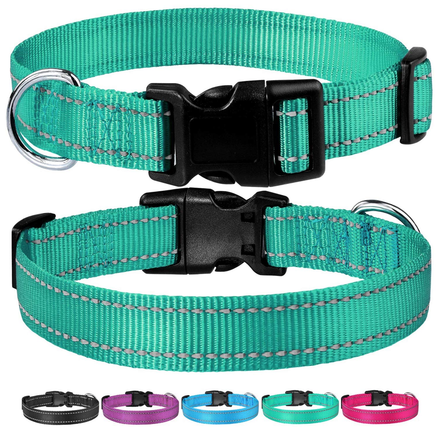 Reflective Dog Collar With Buckle Adjustable Safety Nylon Collars For Small Medium Large Dogs, Teal Xxs