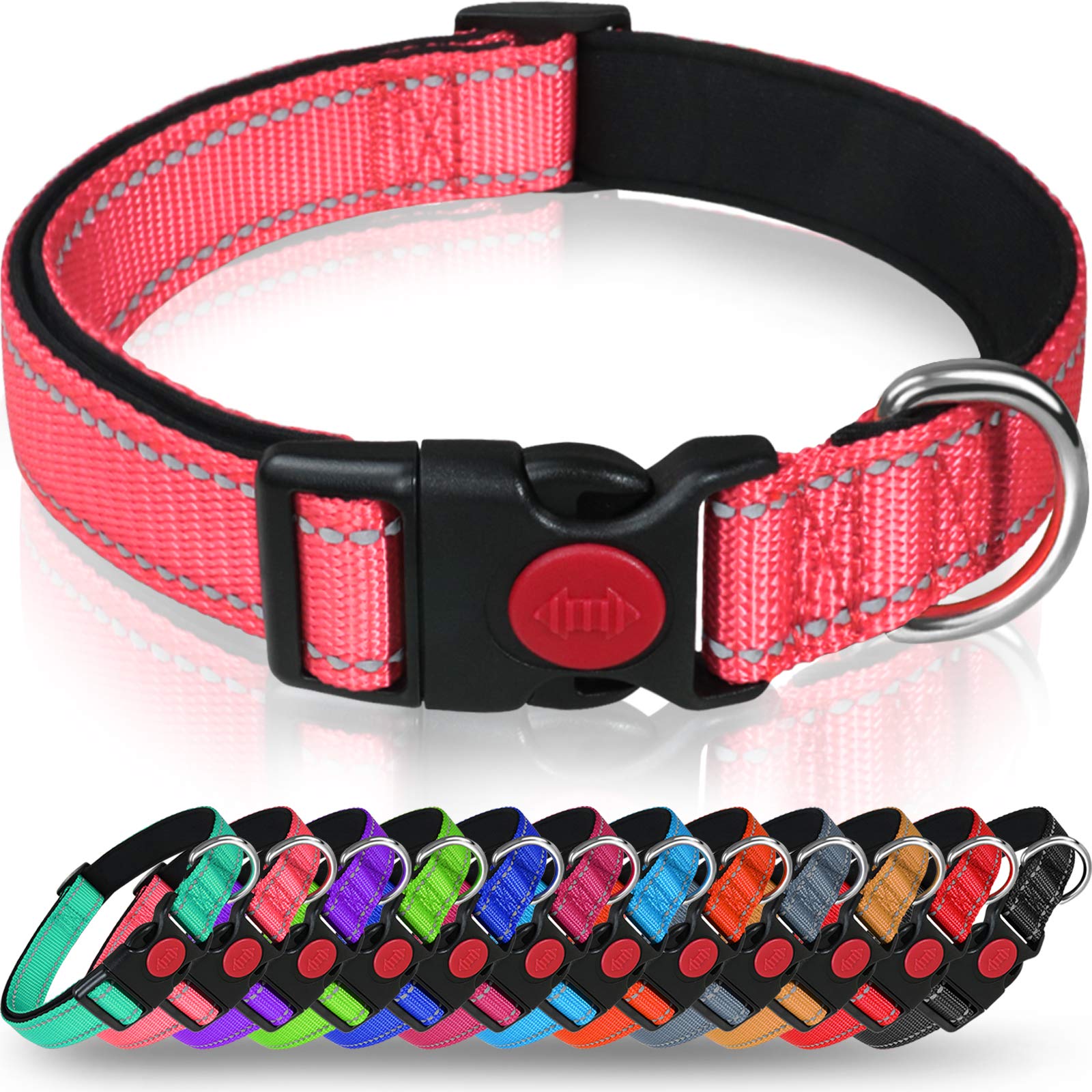 Taglory Reflective Dog Collar With Safety Locking Buckle, Adjustable Nylon Pet Collars For Large Dogs Female Male, Pink, L
