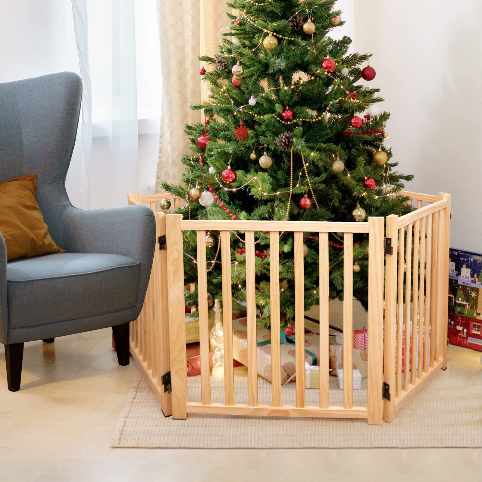 YOCAN Wooden Freestanding Dog Gate - 6 Panel Indoor Pet Fence, 23.6"H, Perfect for Doorways & Stairs, Natural Wood Finish