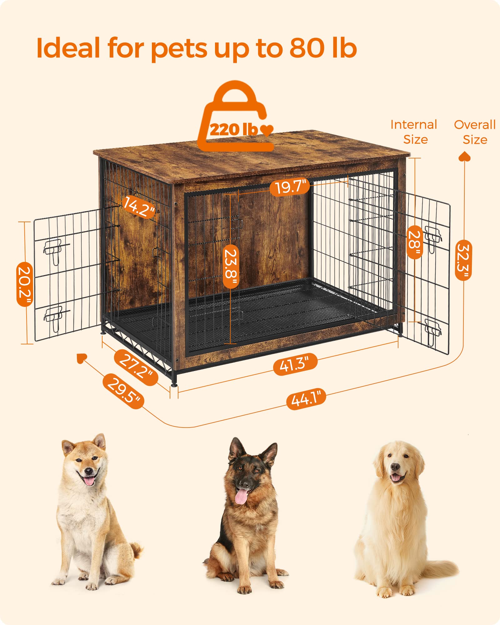 Feandrea Dog Crate Furniture, 44.1 Side End Table, Modern Kennel for Dogs Indoor up to 80 lb, Heavy-Duty Dog Cage with Multi-Pur