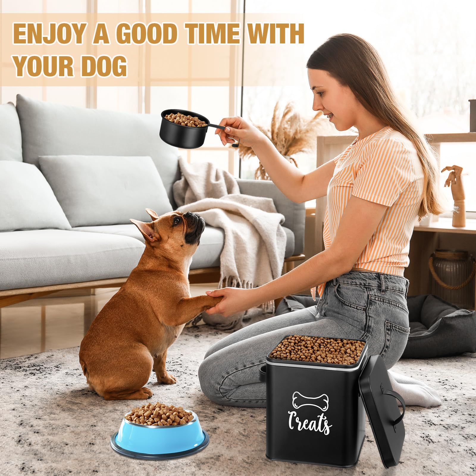 Teenyyou 2 Pcs Metal Dog Treat Containers with Airtight Lids and Spoon 7+3 Lbs Dog Food Snack Jars with DIY Labels Big Pet Cooki