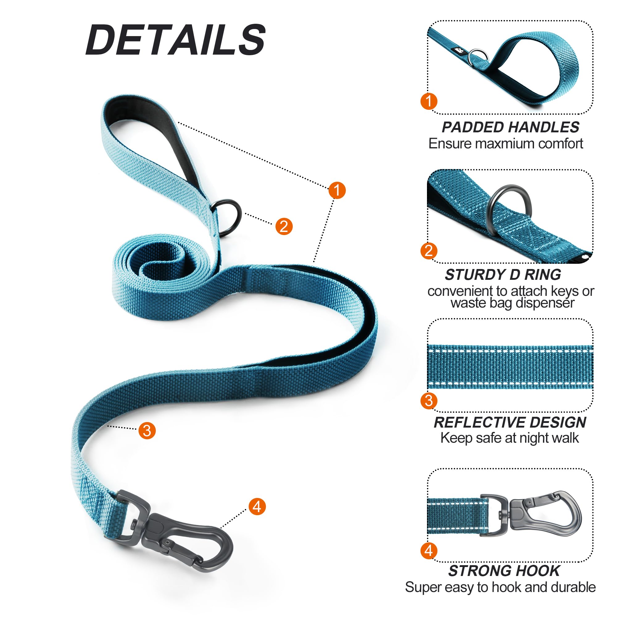 TwoEar Blue Dog Leash - 4FT, 1IN, Dual Padded Handles, Reflective, Auto Lock Hook, for Small Medium Large Dogs