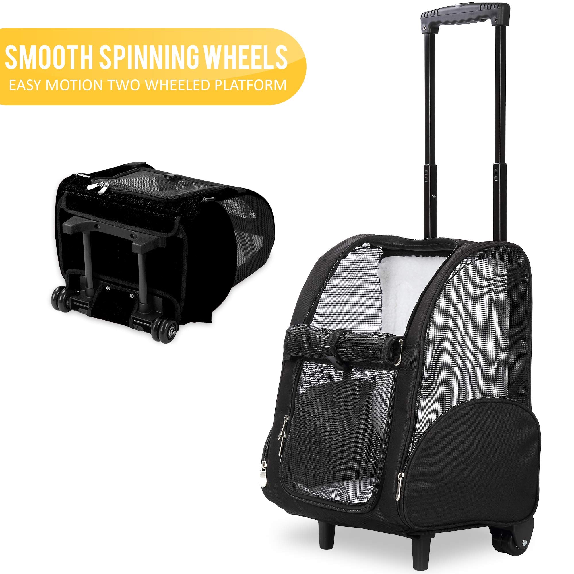 KOPEKS Deluxe Backpack Pet Travel Carrier - Double Wheels, Fabric, Black, 13"x12"x20", for Pets up to 10 lbs, Model KPS-1102