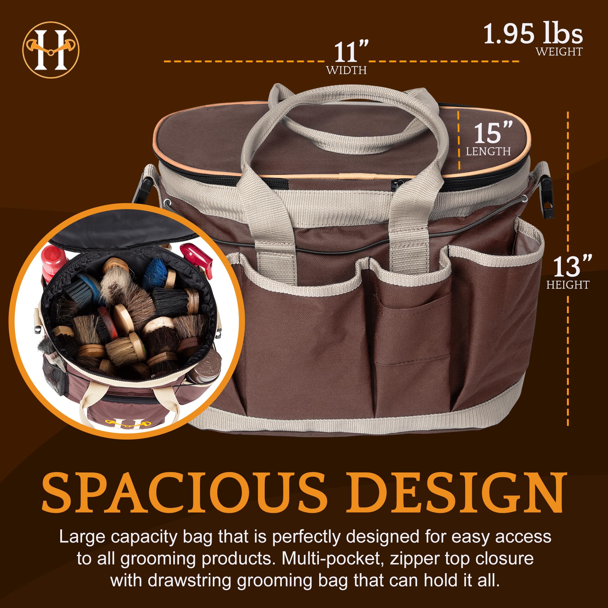 Huntley Equestrian Deluxe Grooming Bag Perfectly Designed Easy Access Multi Pocket Zipper Top Closure Double Handles Shoulder Strap Exterior Pockets - Brown