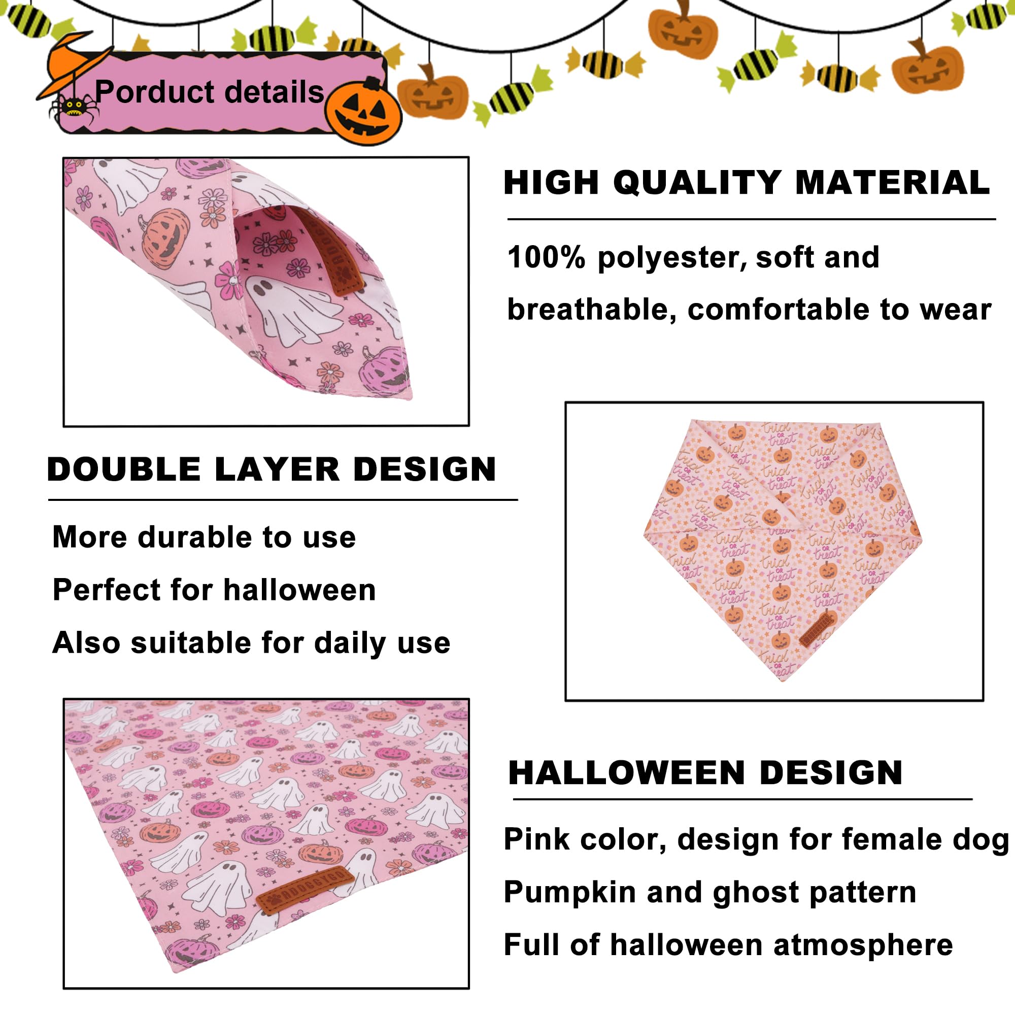 ADOGGYGO Halloween Dog Bandana, Pink Pumpkin Ghost Scarf, Adjustable Fit Female Halloween Bandanas for Medium Large Dogs Pets (L