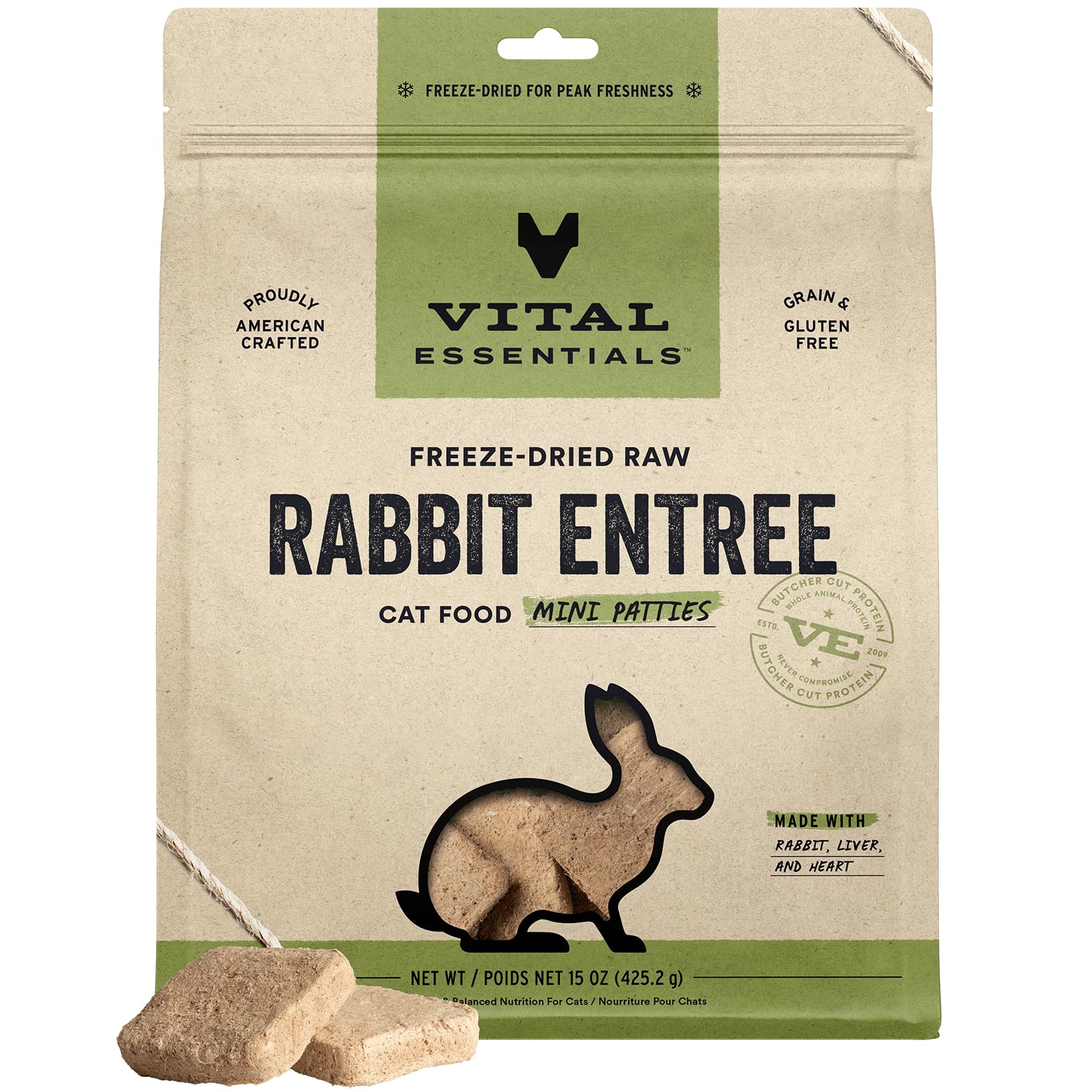 Vital Essentials Freeze Dried Raw Cat Food, Rabbit Mini Patties Entree, 15 oz