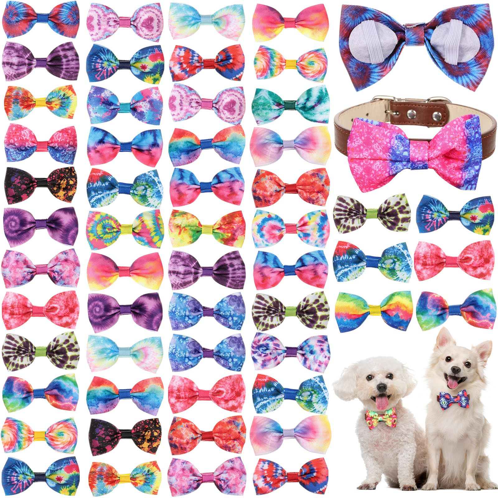 Reginary 50 Pieces Dog Bow Ties Pet Collar Bow Puppy Collar Attachment With Rubber Bands For Small Medium Cat Pet Grooming Charm