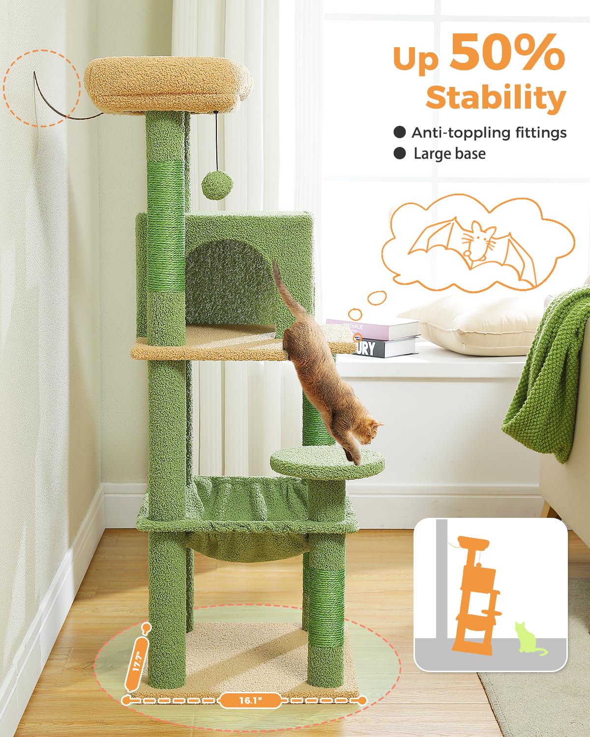 Muttros Cactus Cat Tree For Indoor Cats, 45.7' Multi-Level Cat Tower With Large Metal Frame Hammock, Cat Condo With 4 Scratching Posts And Top Perch For Small Medium Cat, Green