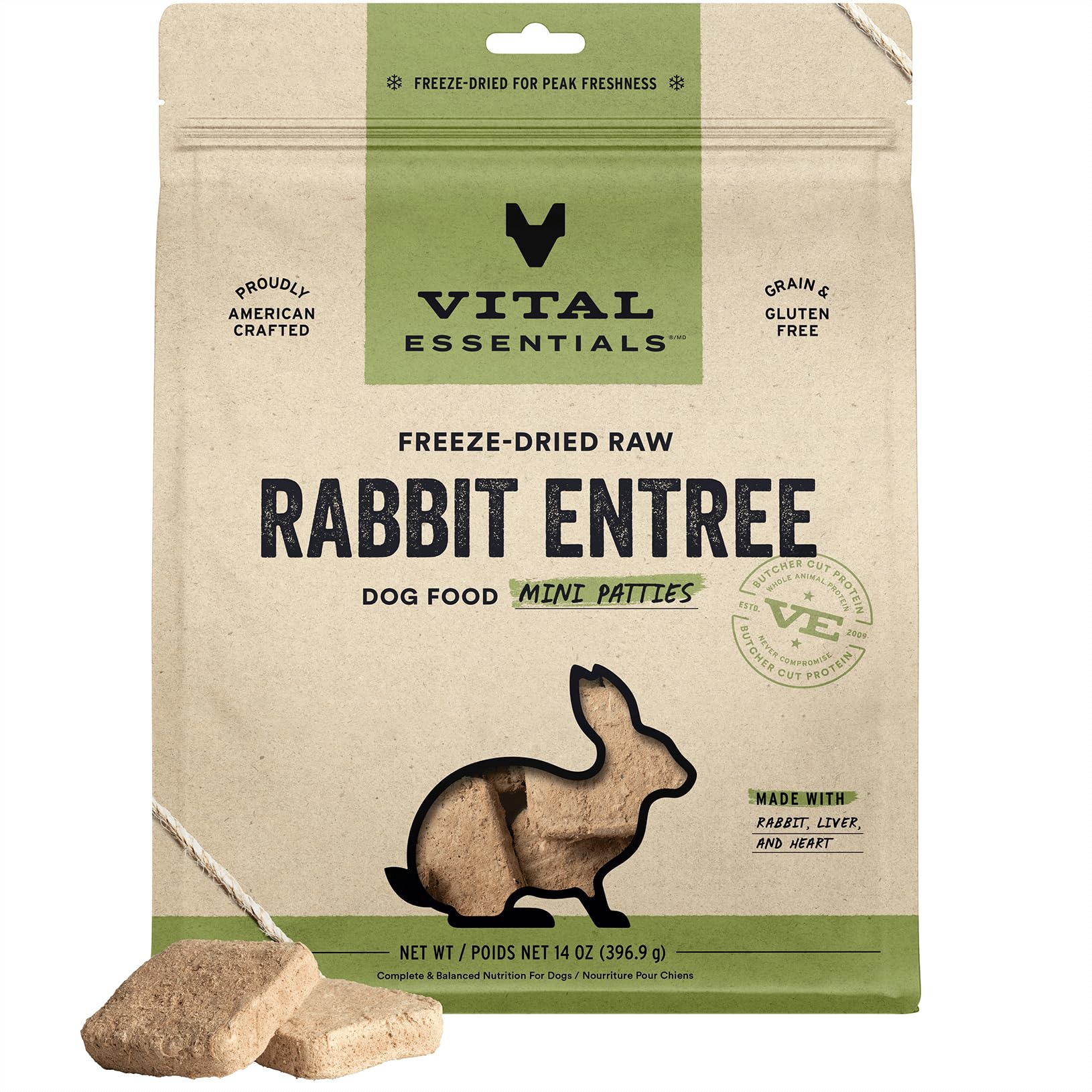 Vital Essentials Freeze Dried Raw Dog Food, Rabbit Mini Patties Entree, 14 oz