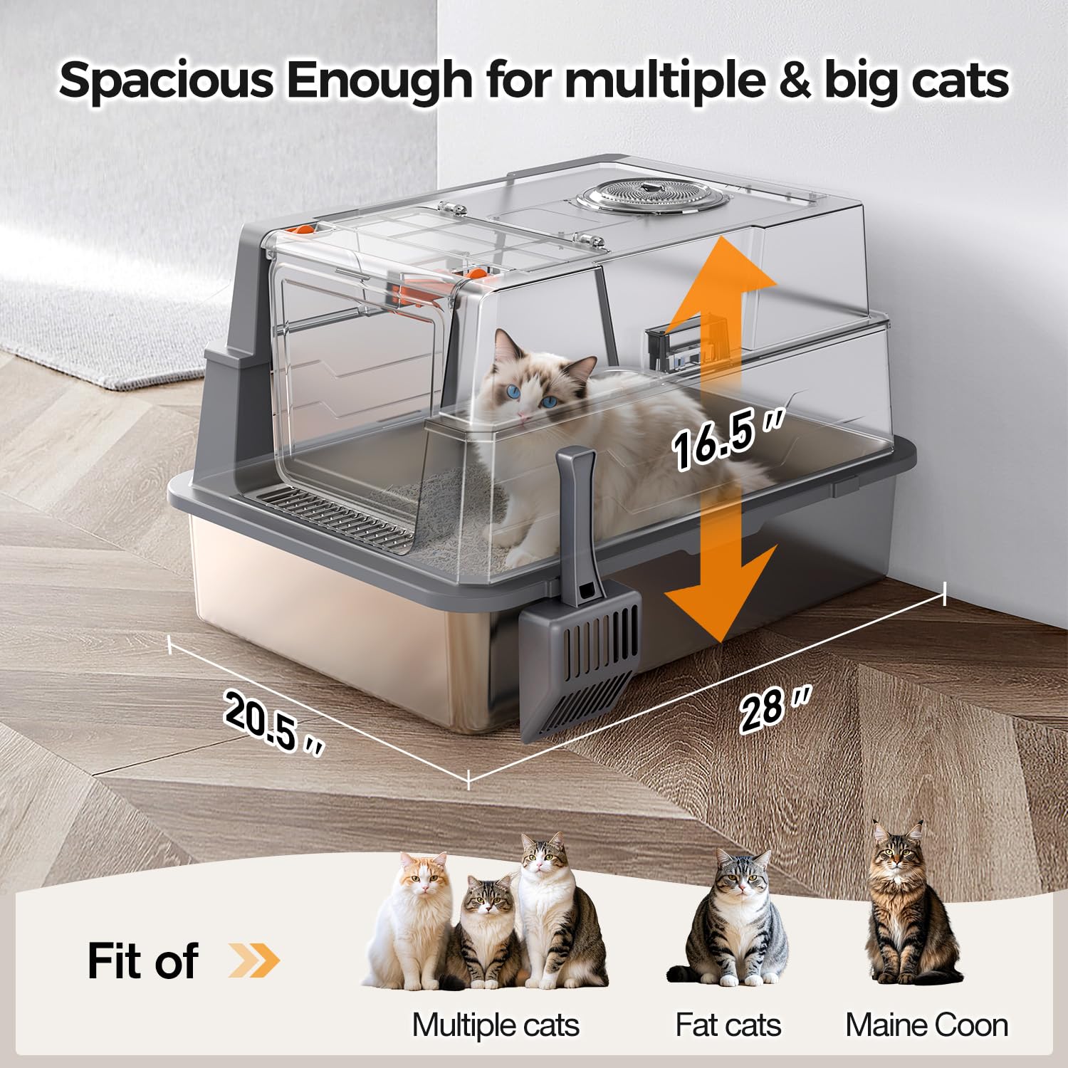 Donlinno XXXL Stainless Steel Litter Box Enclosure, 28" x 20.5" x 16.5", Grey, Anti-Leakage, Easy to Clean for Large Cats