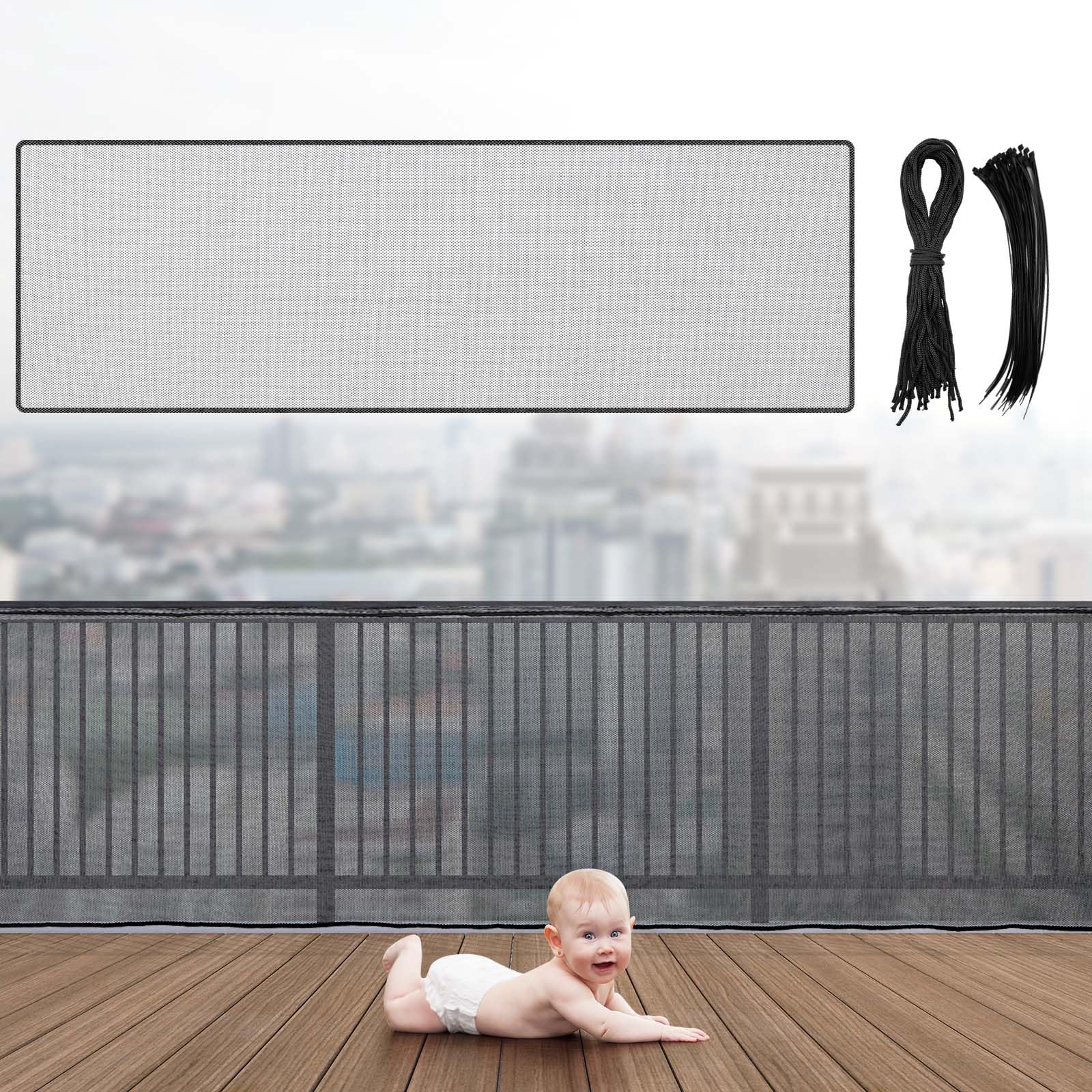 Hosuly Banister Guard 18 x 3 ft Balcony Netting for Kids Pets Stairway Safety Net Baby Fence Door Balcony Netting Safety Mesh St