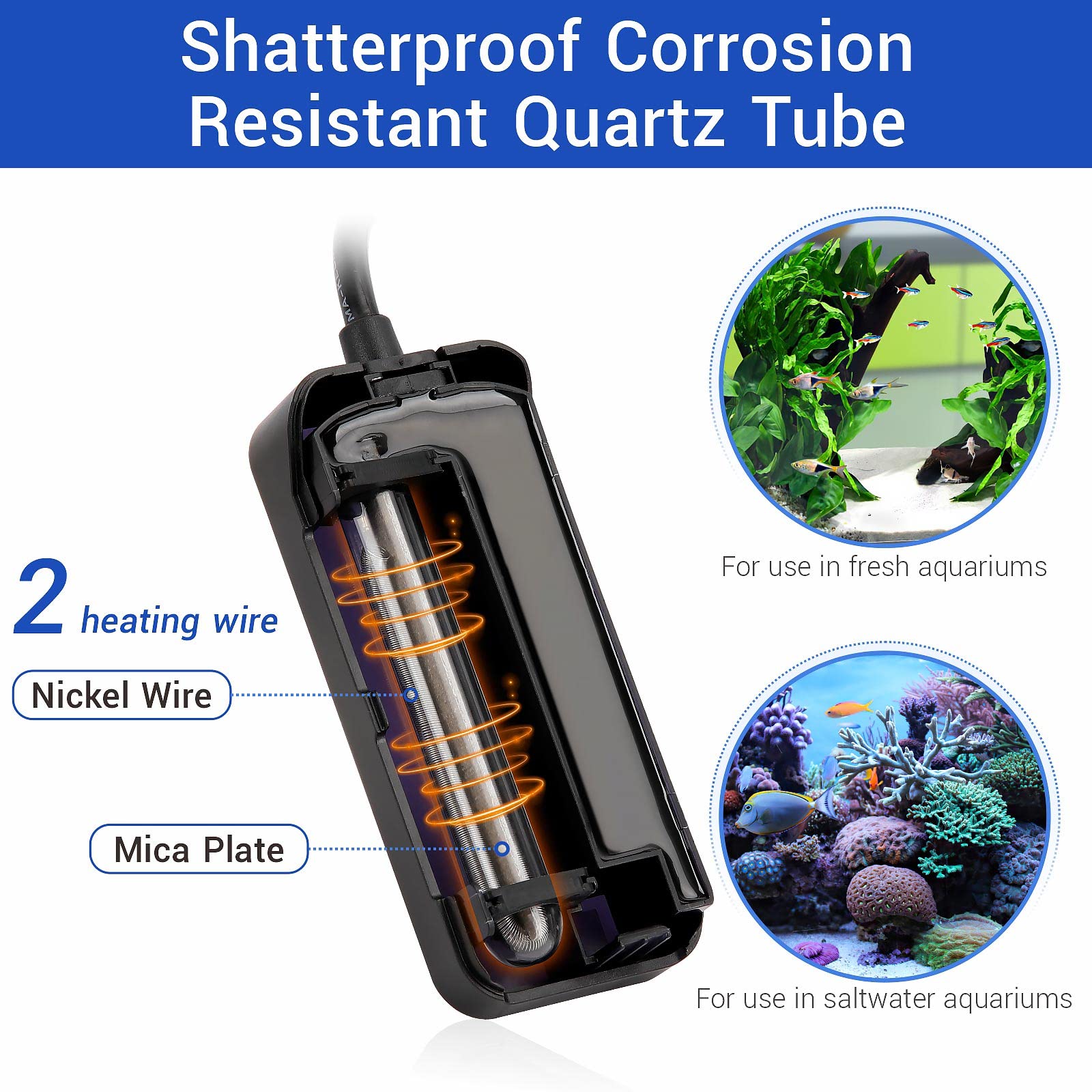 Hygger Small Submersible Aquarium Heater 50W Mini Betta Fish Tank Heater With Thermostat For 5-10 Gallon Saltwater Freshwater