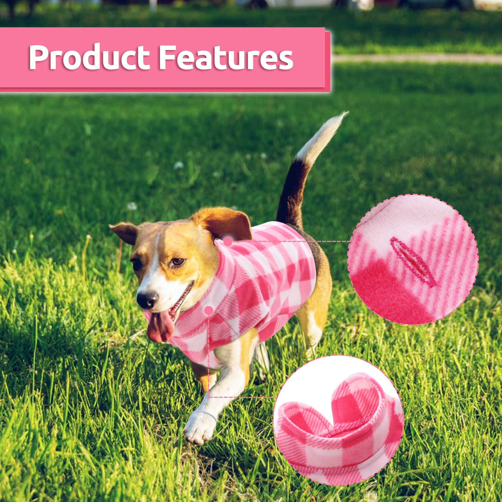 Asenku Plaid Dog Fleece Vest, Soft Comfortable Pet Pajamas, Warm Winter Dog Shirt, Cold Weather Coat Jacket - Pink, L