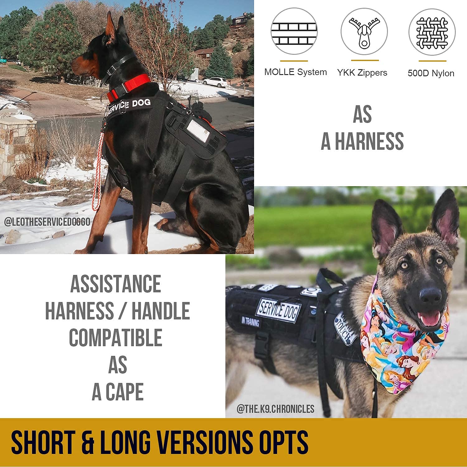 ONETIGRIS Service Dog Harness - Large, Removable Neck Strap, 500D Nylon, Black, Short Version