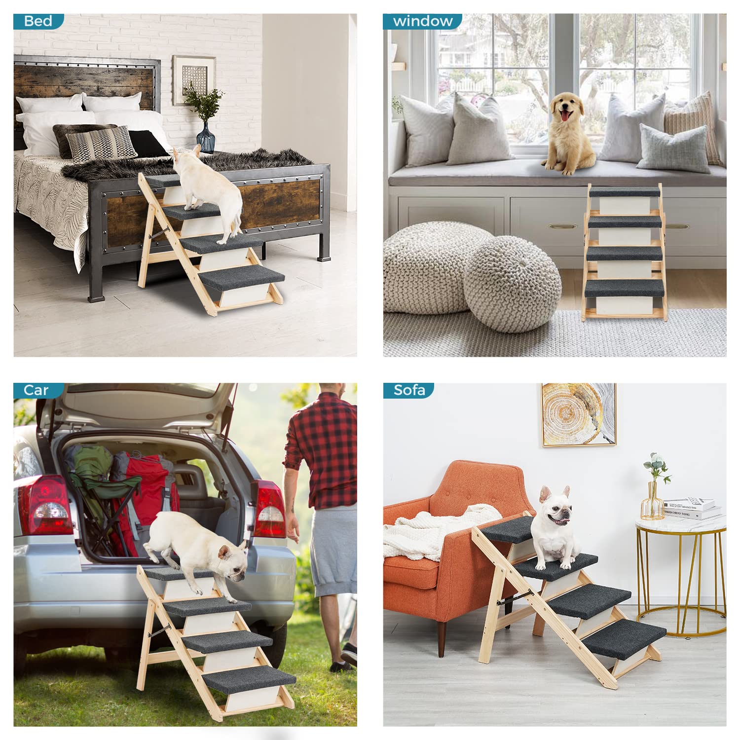 Sweetbin Wood Pet Stairs/Pet Steps For All Dogs And Cats - 2-In-1 Foldable Carpeted 3 Tiers Dog Stairs & Ramp Perfect For Beds And Cars - Portable Dog/Cat Ladder Up To 150 Pounds