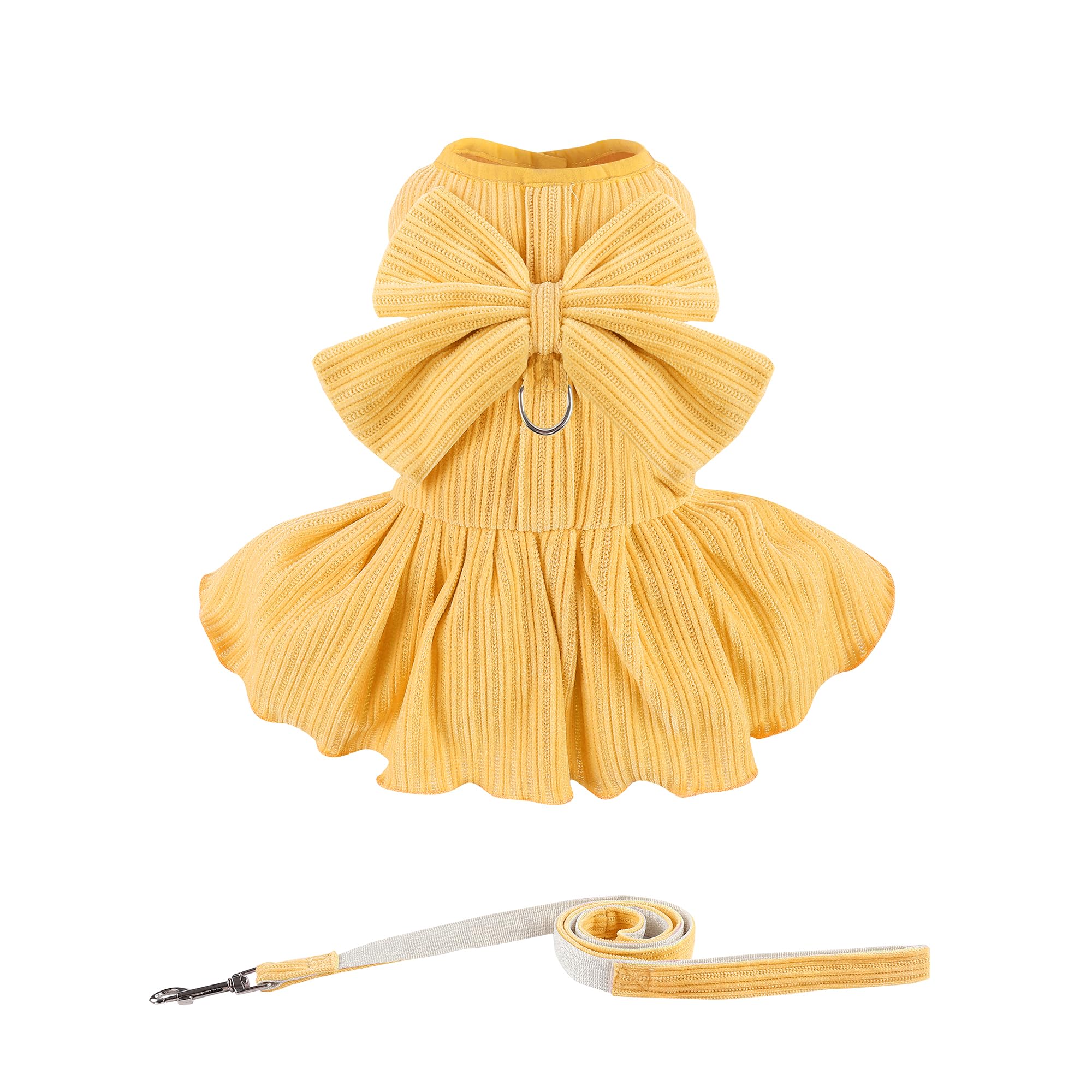 Dog Striped Dress,Pet Girl Bow Costume With Ring And Harness Leash,Dog Wedding Birthday Party Dress(Yellow,Large)