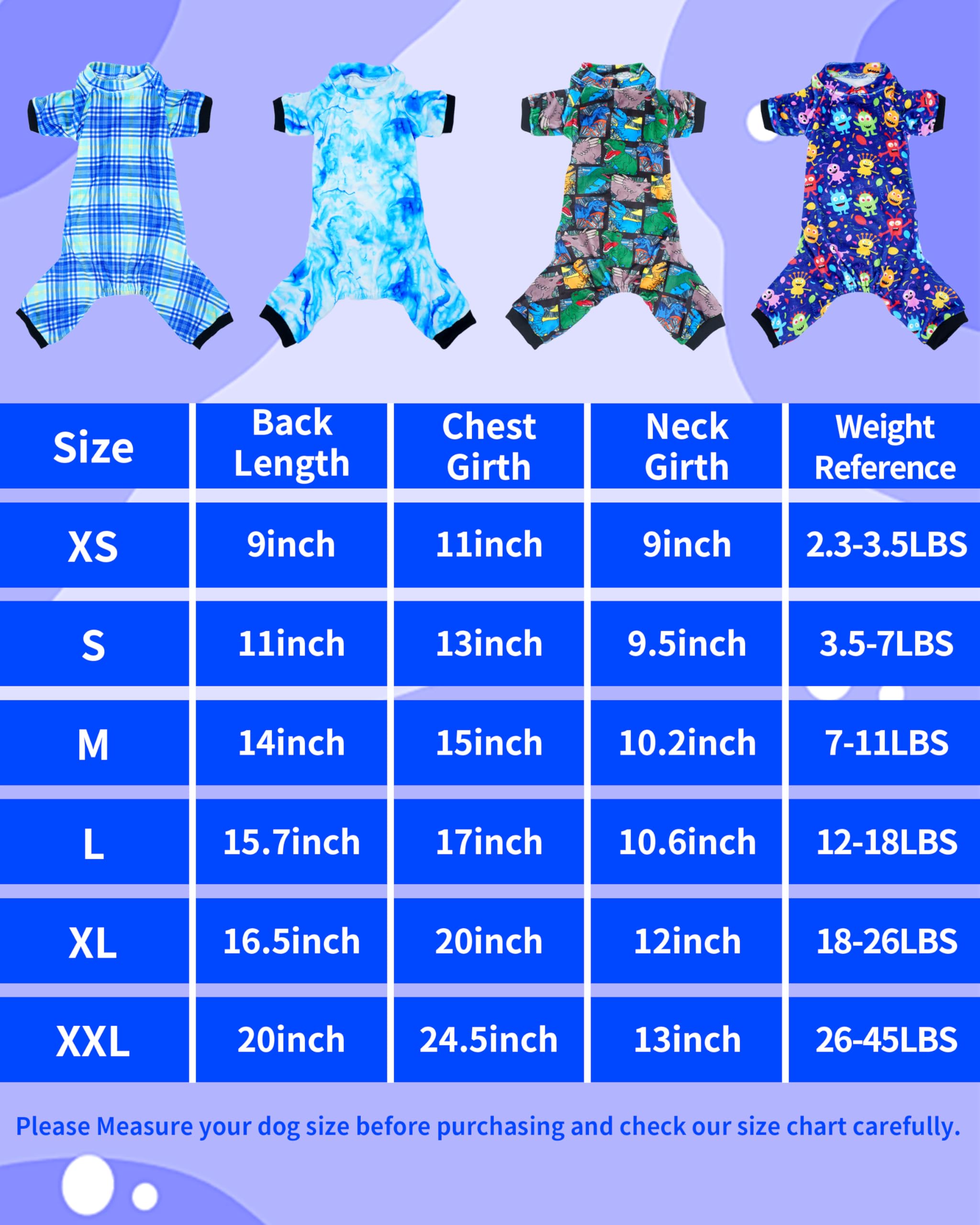 Pet Show 4 Pack Small Dog Pajamas Cute Dinosaur Monster Clothes Doggies Soft Stretchy Pjs Plaid Jumpsuit Puppy Cats Tie Dye Ones