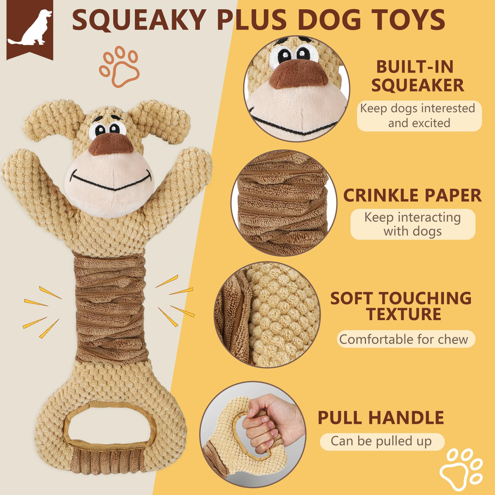 Letsmeet Dog Toys For Large Dogs, Plush Squeaky Dog Chew Toy With Crinkle Paper, Tough Tug Of War Dog Toys - Interactive Puppy T
