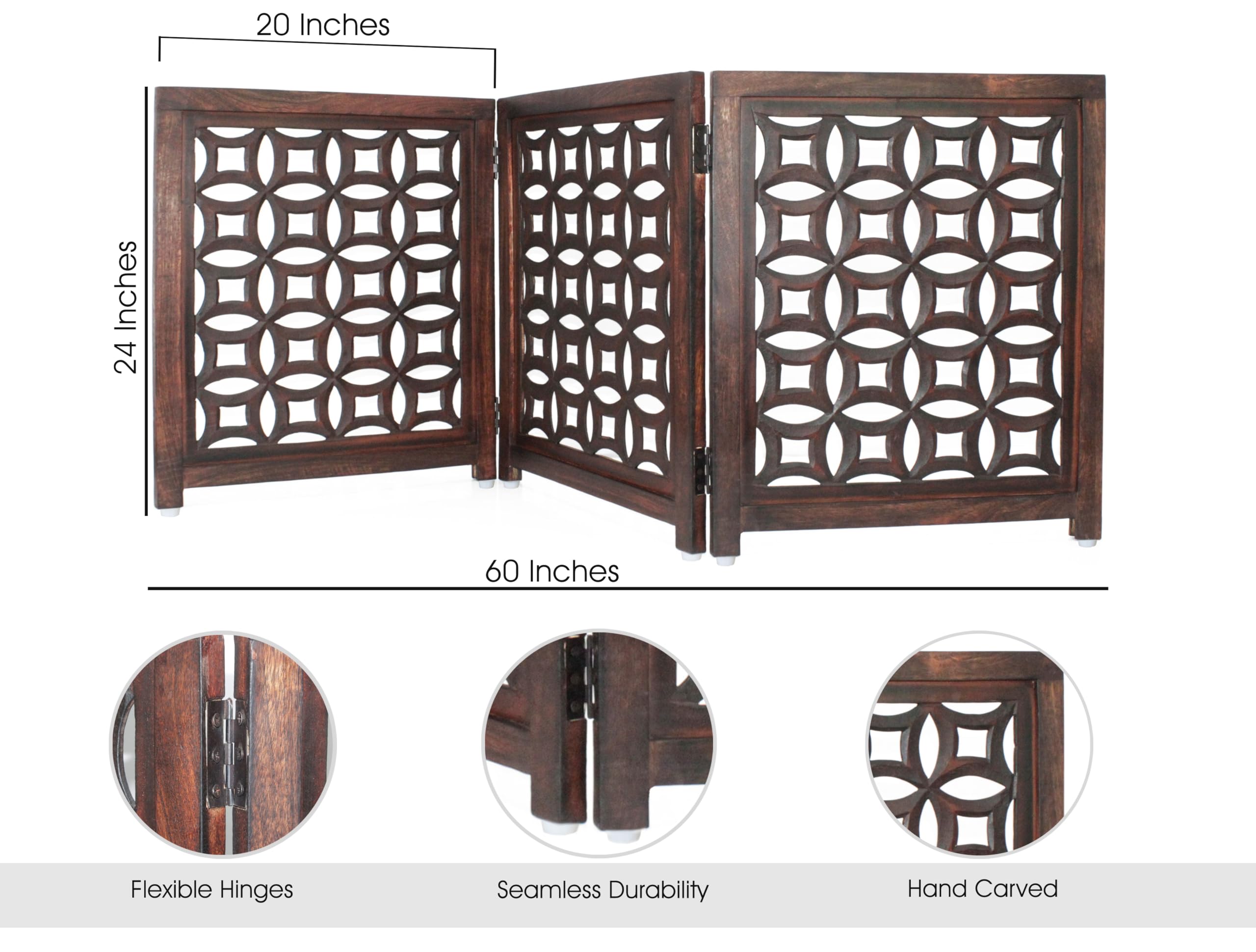 IRONGATE Wooden Foldable Pet Dog Safety Gate - 3 Panels, 20"W x 24"H, Antique Brown, Hand-Carved Solid Wood, Free Standing, Model 20153