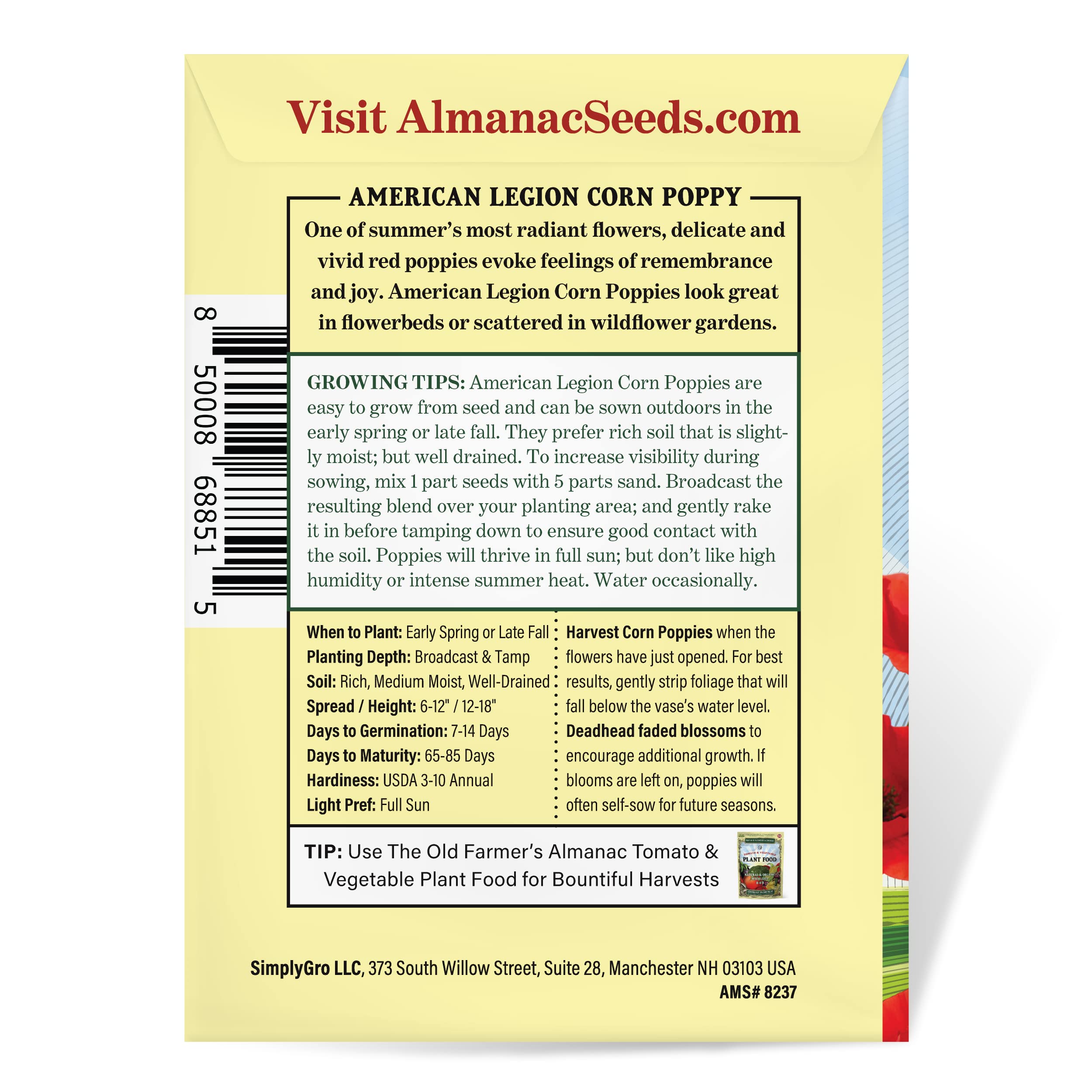 The Old Farmer's Almanac Poppy Seeds - Non-GMO, Open Pollinated, Approx 5000 Seeds, Small Size, Red Color