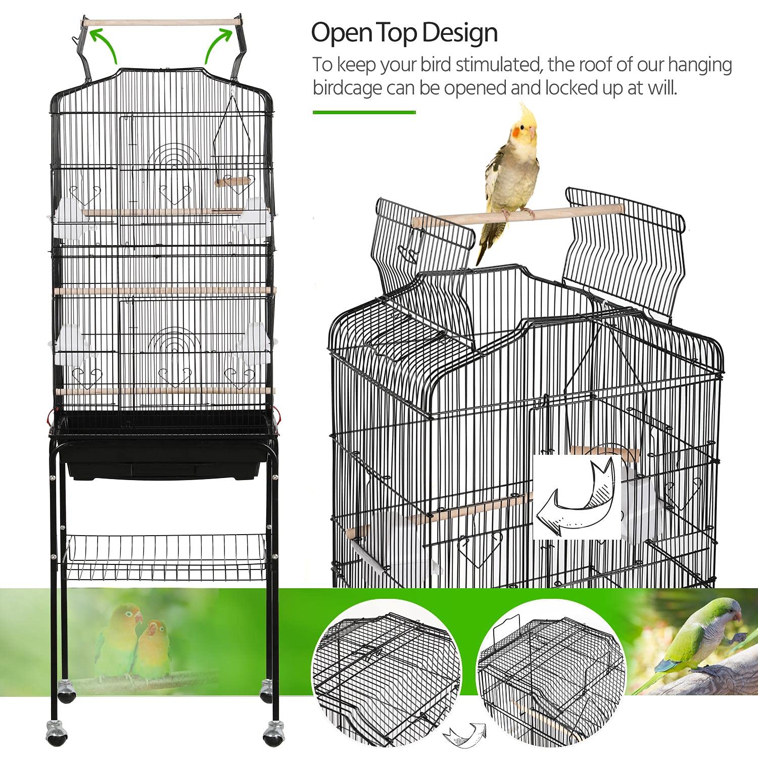 Yaheetech 64-Inch Open Top Bird Cage with Rolling Stand, Alloy Steel, Black, for Parrots, Lovebirds, Finches, and More