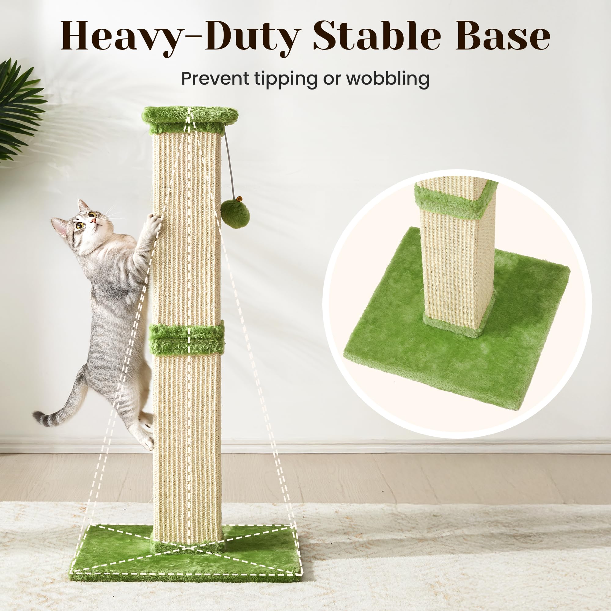 Fansafurn Cat Scratching Post with Hanging Toy Ball, 32-Inch Tall Sisal Cat Scratcher for Indoor Cats, Green