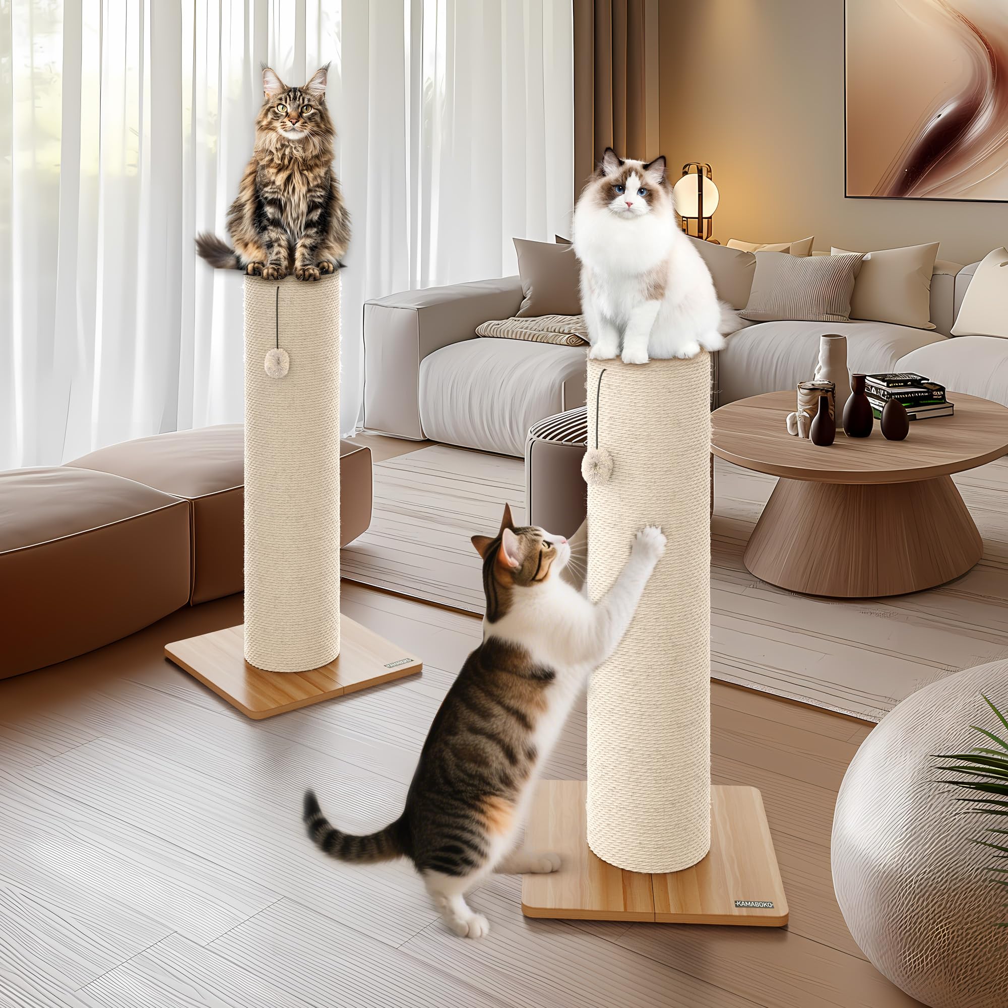 KAMABOKO 29.5 Cat Scratching Post, 7.5 Ultra-Large Diameter Natural Sisal Cat Scratch Post, Scratch-Resistant Tall Cat Scratcher