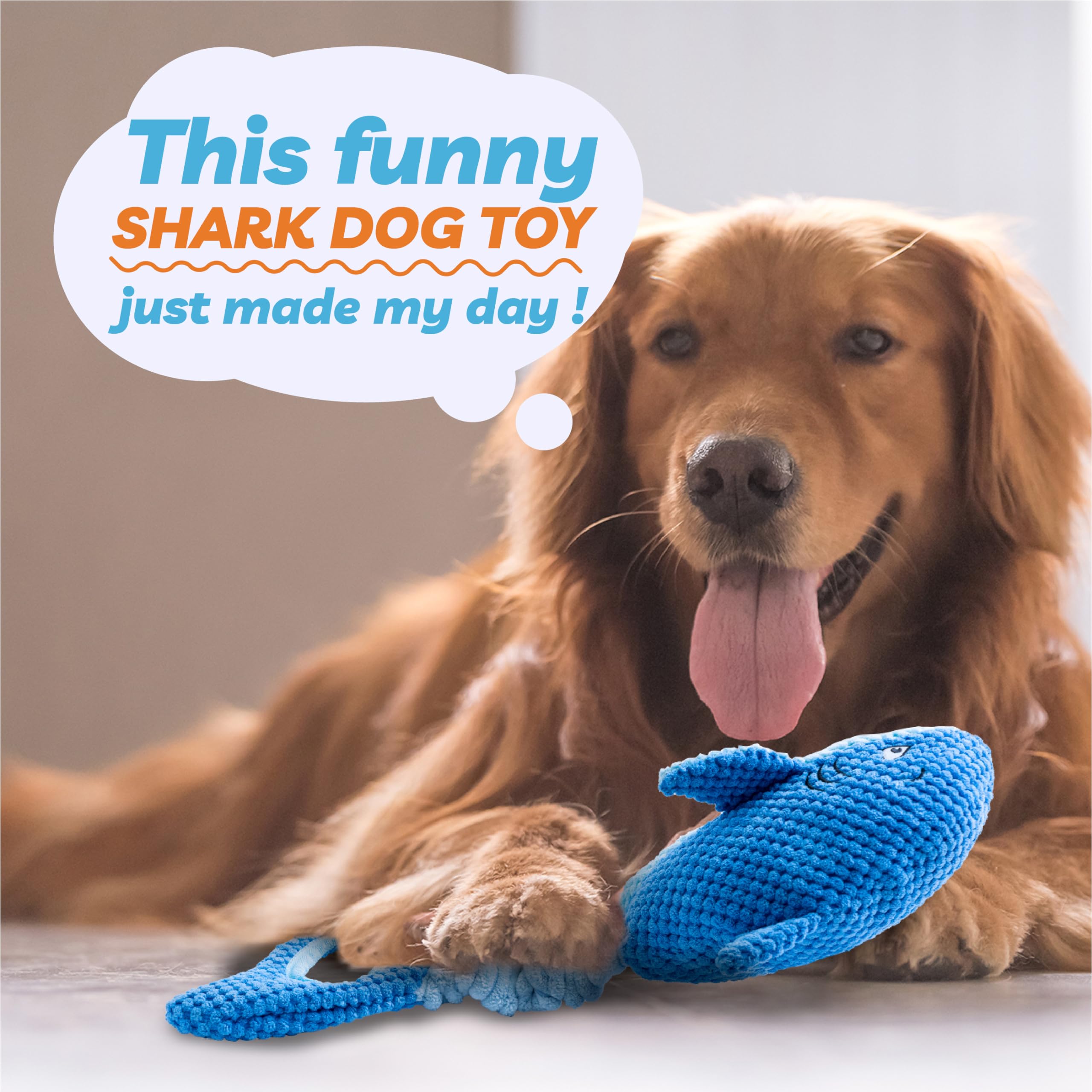 LEGEND SANDY Interactive Squeaky Dog Toy for Aggressive Chewers, Large Crinkle Tug Toy, Blue Shark, Polyester Material