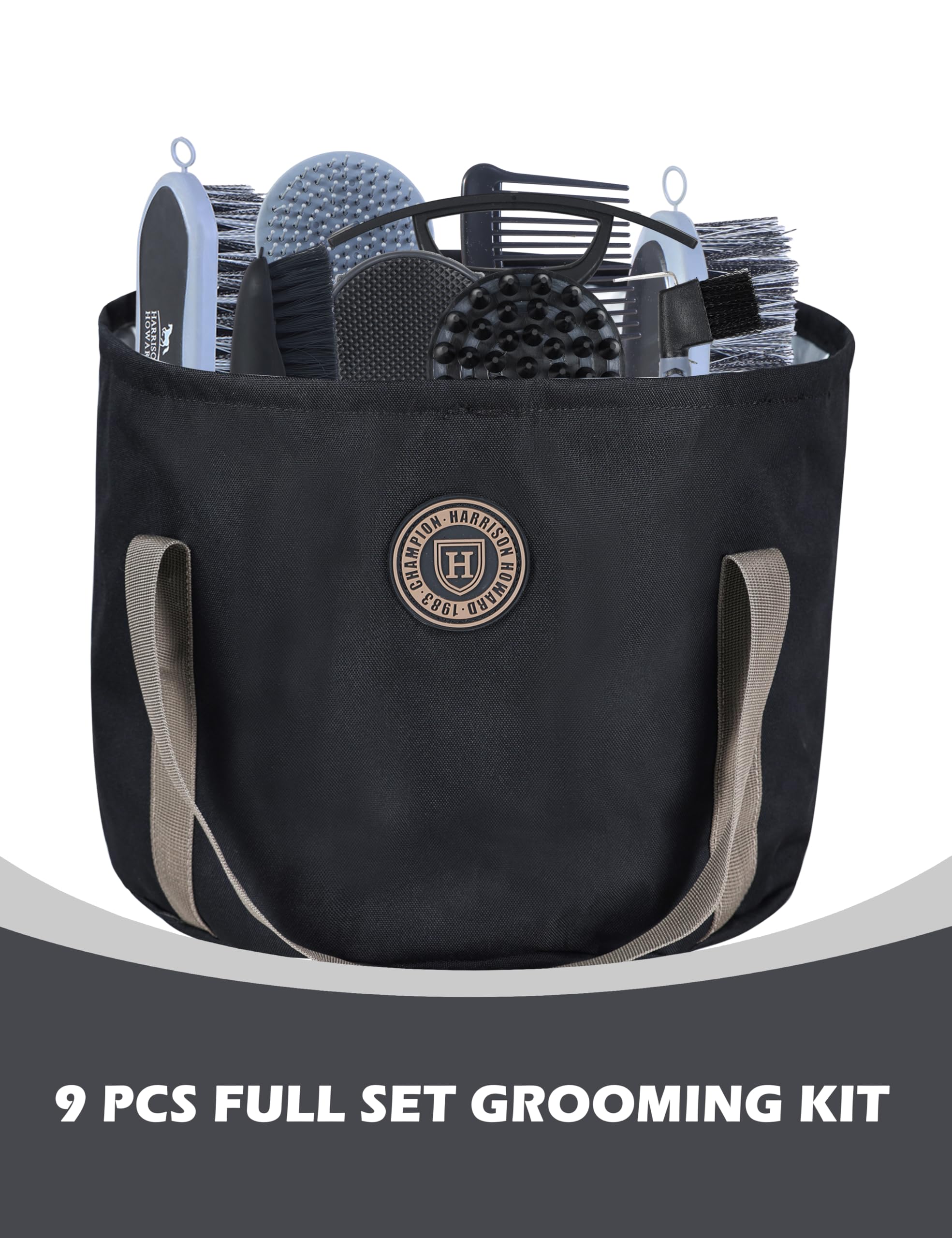 Harrison Howard Horse Grooming Kit - 9-Piece Set, Essential Tools for Daily Care, Black Plastic