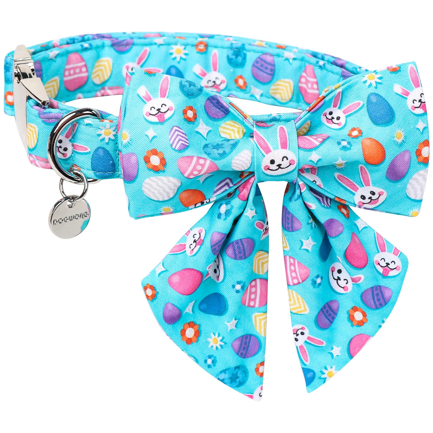 Dogwong Cotton Easter Dog Collar With Bowtie, Soft Adjustable Blue Rabbit Easter Day Dog Collar Cute Egg Puppy Collar For Small 
