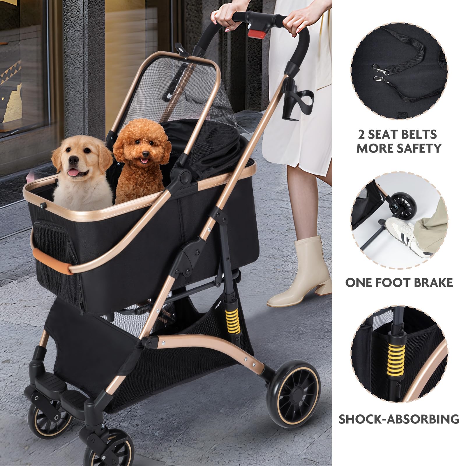 Pearlove Pet Stroller For Small Medium Dogs, Lightweight Stroller For Dogs Cats With Detachable Carrier, Foldable Pet Carrier Wi