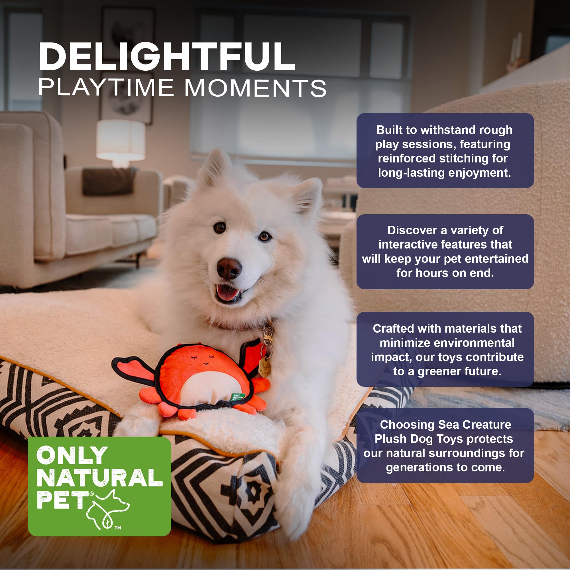 Only Natural Pet Sea Creatures Recycled Plush Dog Toys - Durable Double-Stitched Design with Internal Squeaker, Crinkle Pincers