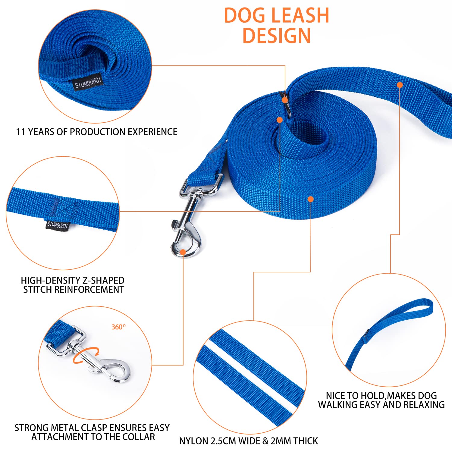Siumouhoi Strong Durable Nylon Dog Training Leash, 1 Inch Wide Traction Rope, 6 Ft 10Ft 15Ft Long, For Small And Medium Dog (Blue, 15 Feet)