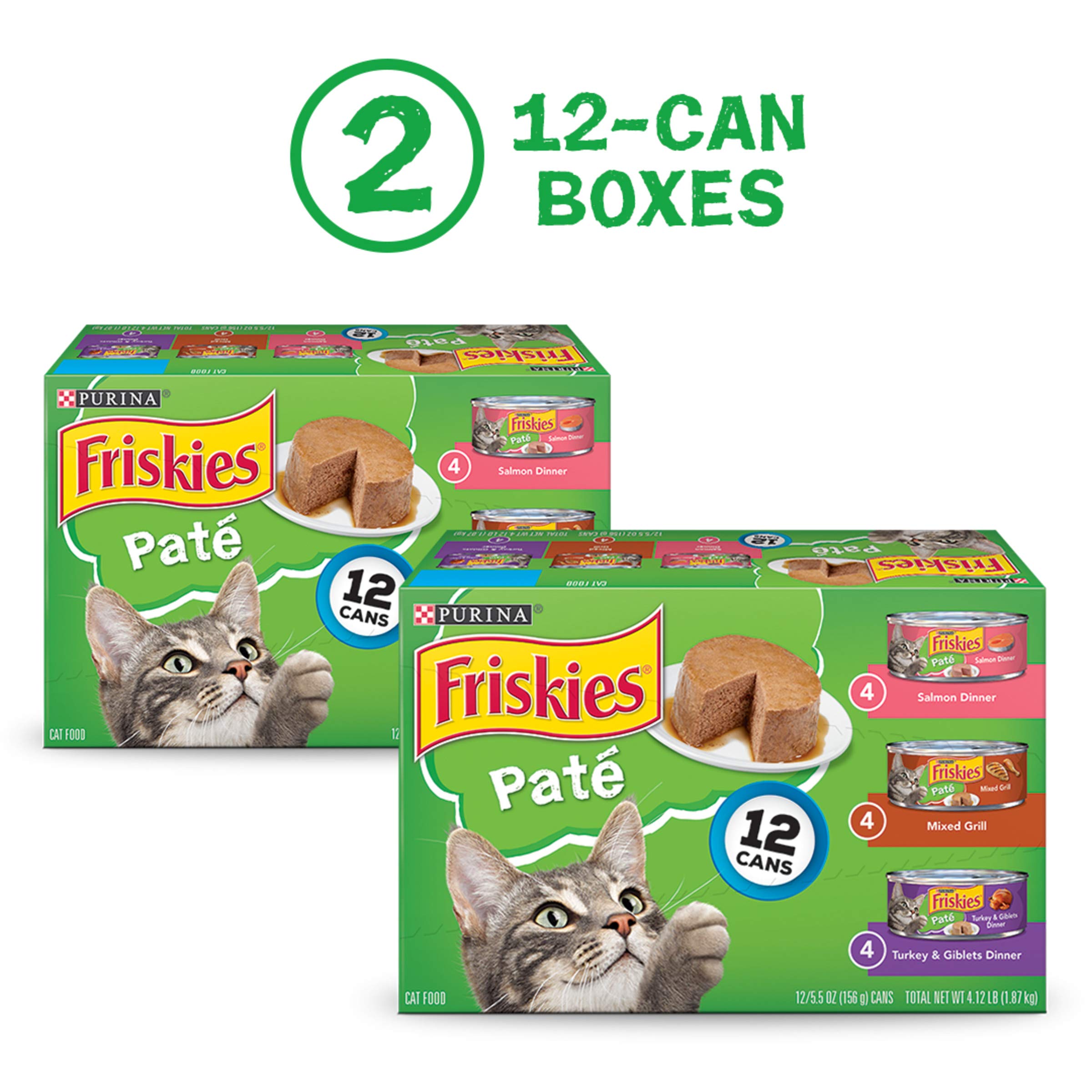 Purina Friskies Wet Cat Food Pate Variety Pack Salmon Dinner, Turkey and Giblets Dinner and Mixed Grill - (2 Packs of 12) 5.5 oz