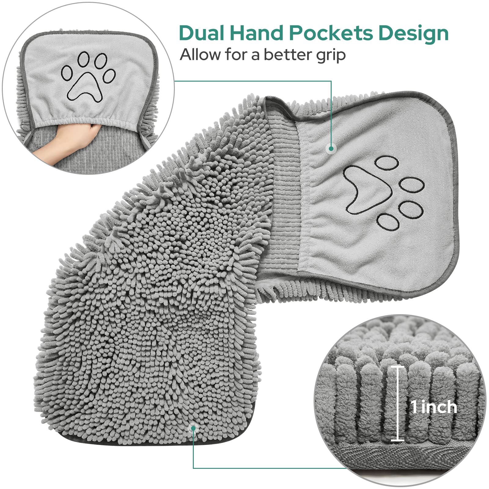 HOMEIDEAS 2 Pack Dog Towels Set, Chenille and Microfiber, Super Absorbent Soft Bath Shammy Towel with Hand Pockets for Pets Dryi