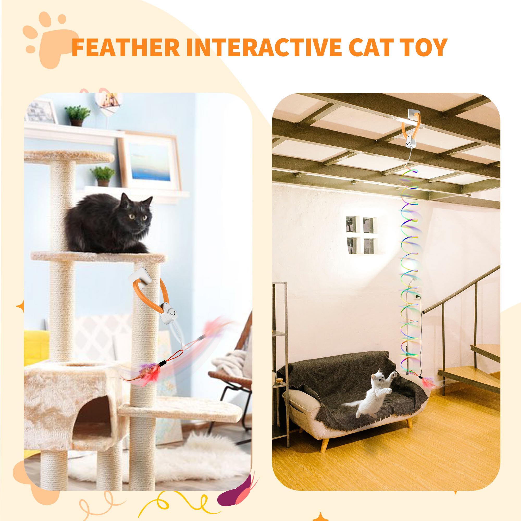 PANRIO Interactive Cat Toy,Automatic Cat Toy for Indoor Cats,Hanging Door Clip Ribbon 360 Rotation,Feather & Rainbow Cat Stimula