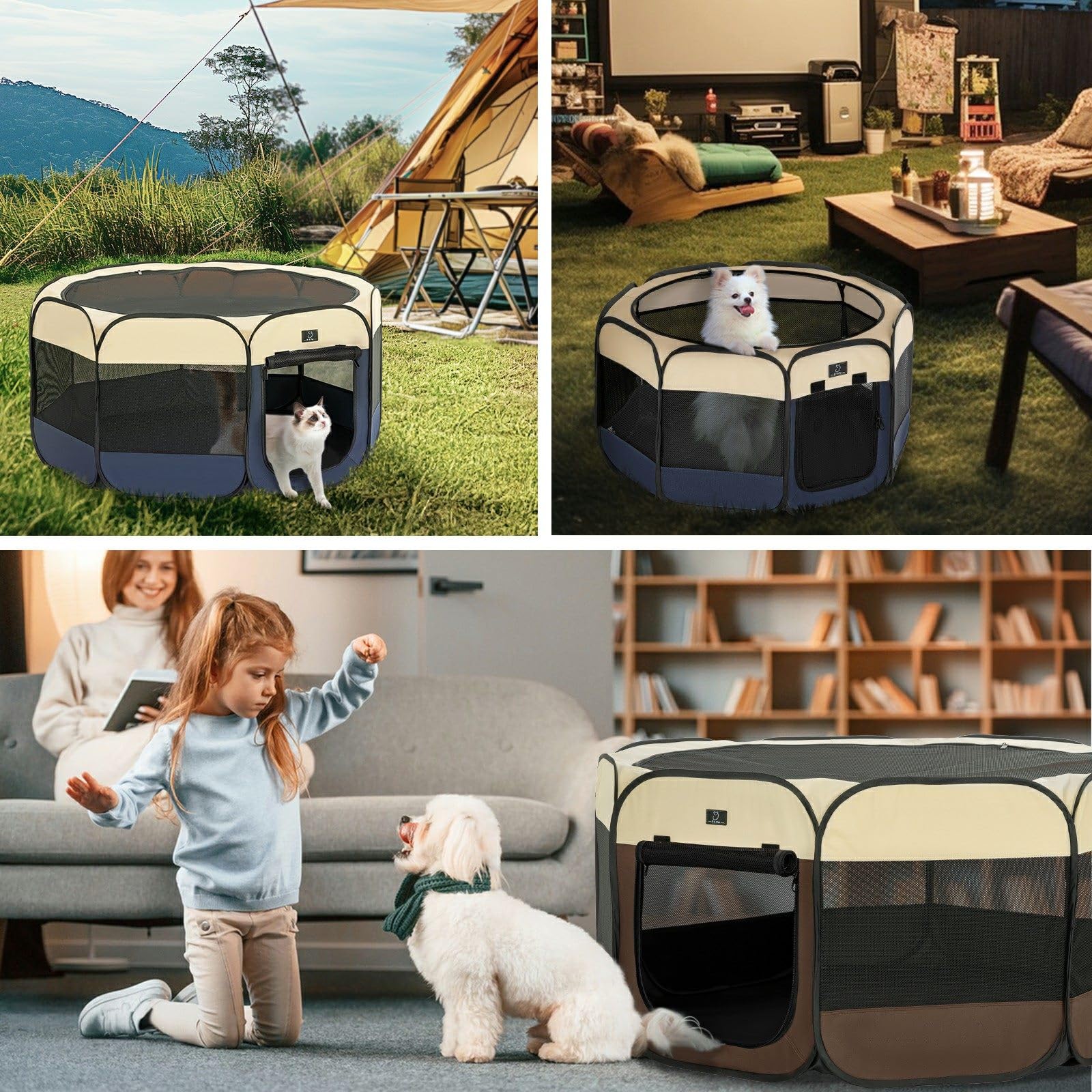 A 4 Pet Portable Dog Playpen, Medium 39.5"x39.5"x20", Blue/Beige, Removable Zipper, Collapsible Bowl, Indoor/Outdoor Use
