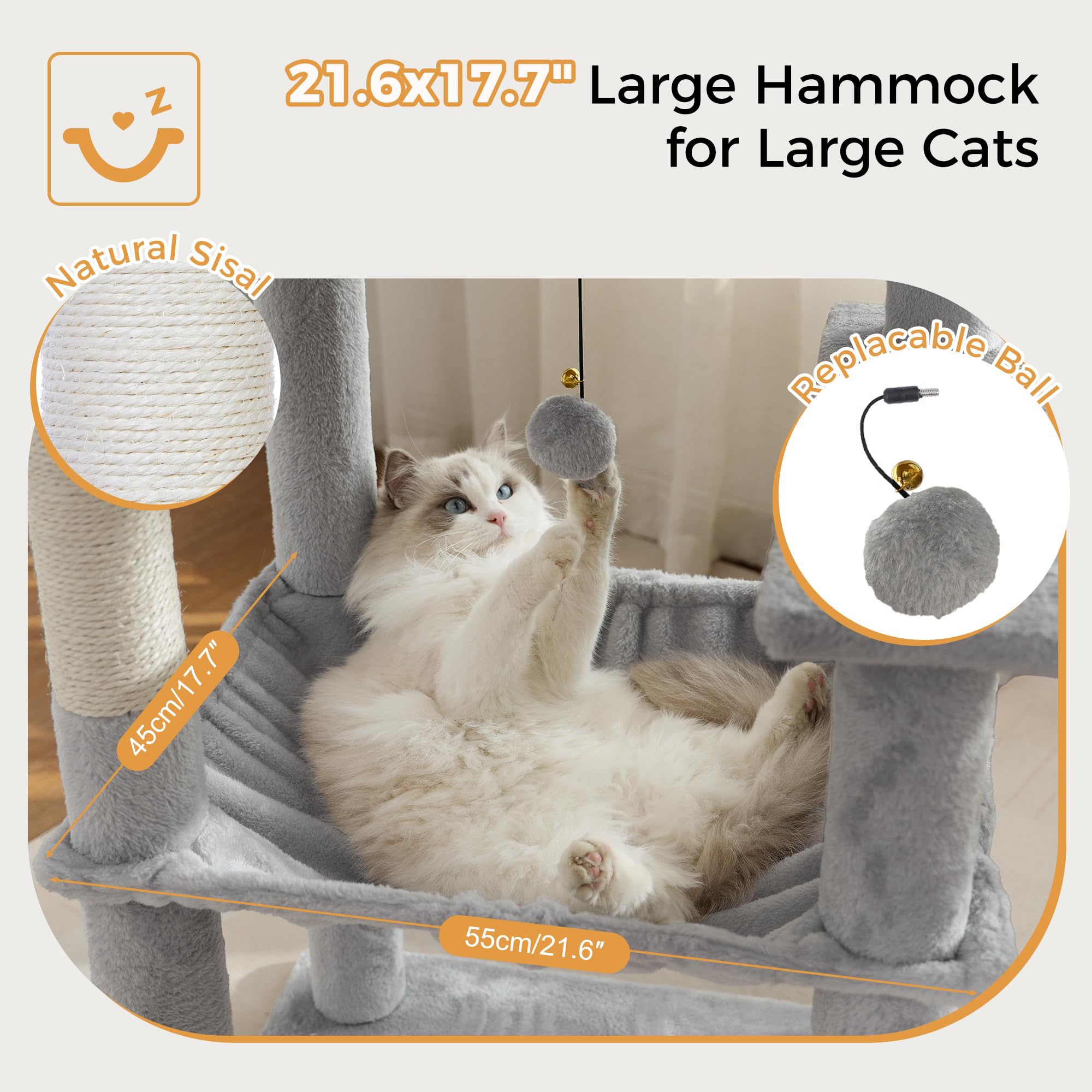Meowrista Tall Cat Tree For Indoor Cat Large Adults 54   /72    Cat Tower With Hammock21.6X17.7   Spacious Condo And Roomy Top B