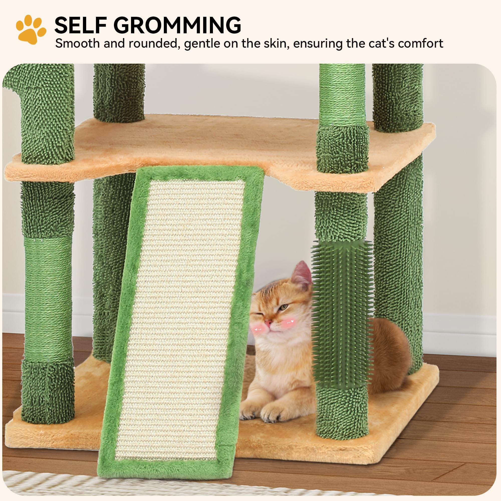 Yitahome 76In Tall Cactus Cat Tree Tower With Self-Grooming Brush, Cute Cat Climbing Tower For Indoor Cats With Cat Condo, Plush