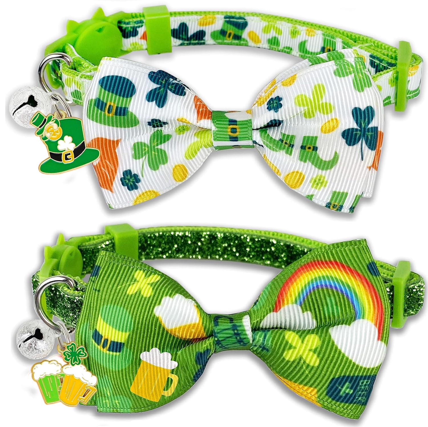 St. Patrick'S Day Cat Collar With Bow Tie And Bell, Adjustable Breakaway Shamrock And Rainbow Kitty Collar, Holiday Accessories 